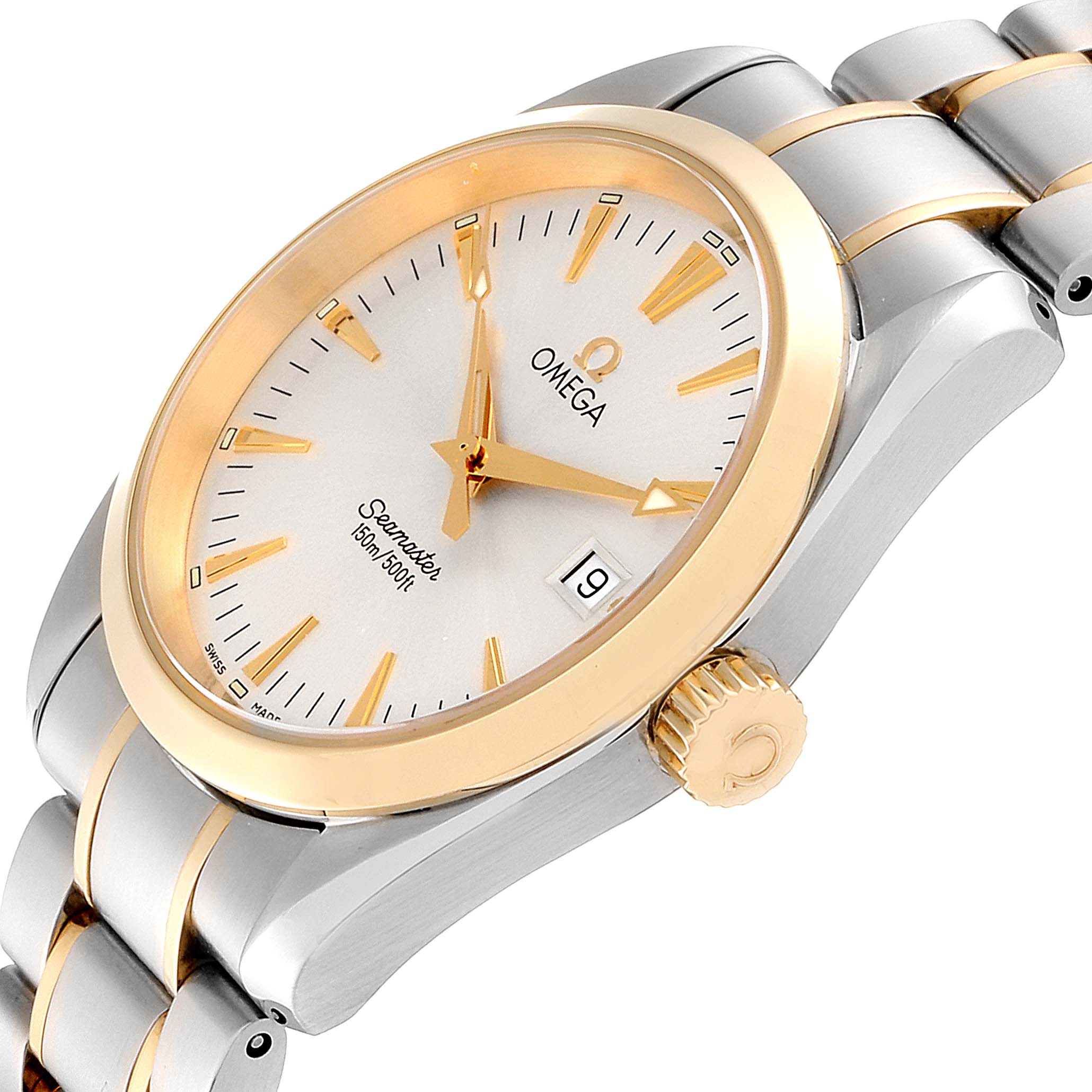 The image shows a close-up side angle of an Omega Seamaster 2318.30.00 Men's Steel and Gold (two tone) Silver Dial 2318.30.00 Men's Steel and Gold (two tone) Silver Dial watch, highlighting the crown, bezel, bracelet, and dial.