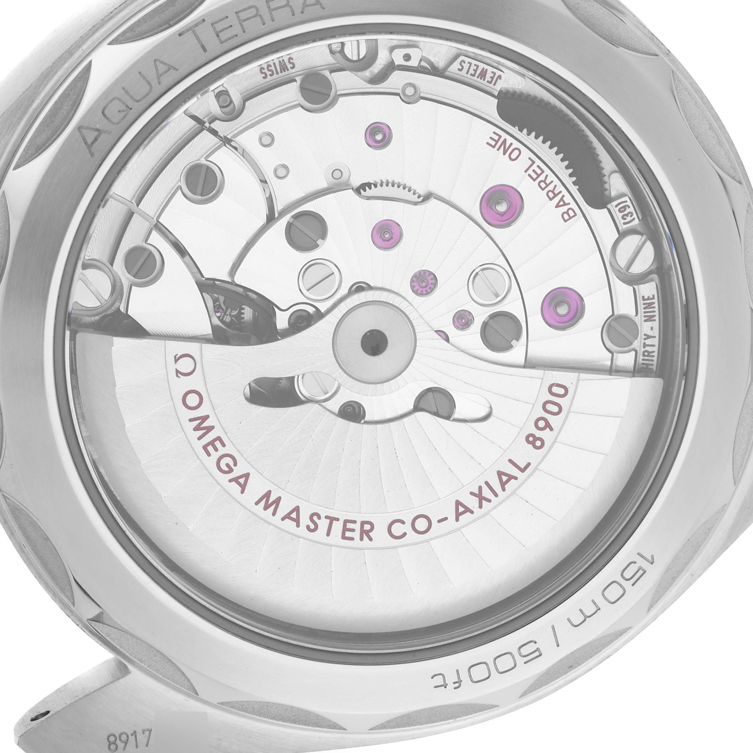The image shows the back view of an Omega Aqua Terra 202.12.41.21.02.002 Men's Stainless Steel White Dial 202.12.41.21.02.002 Men's Stainless Steel White Dial watch, highlighting its Co-Axial 8900 movement.