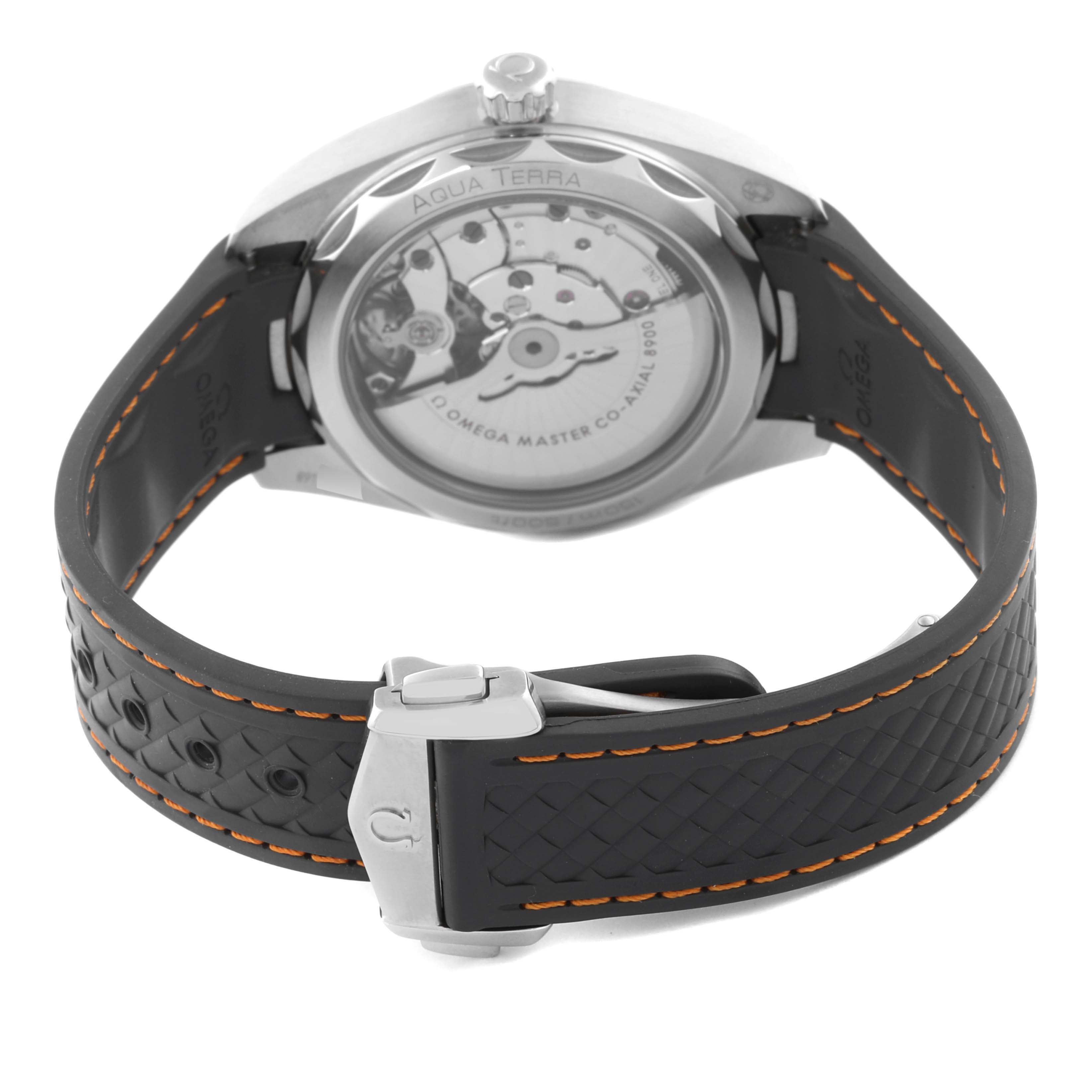 The Omega Aqua Terra 202.12.41.21.02.002 Men's Stainless Steel White Dial 202.12.41.21.02.002 Men's Stainless Steel White Dial watch is shown from the back, highlighting the movement and rubber strap with clasp.