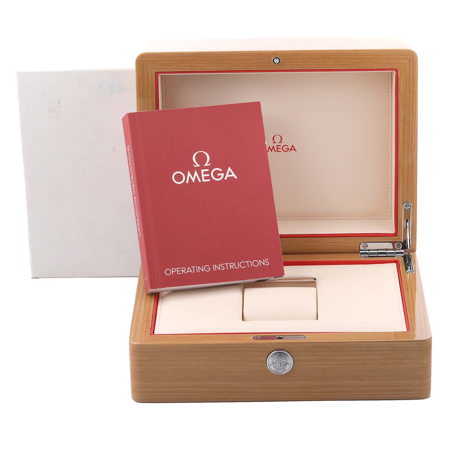 The image shows an Omega Aqua Terra 202.12.41.21.02.002 Men's Stainless Steel White Dial 202.12.41.21.02.002 Men's Stainless Steel White Dial watch box and operating instructions from a front angle.