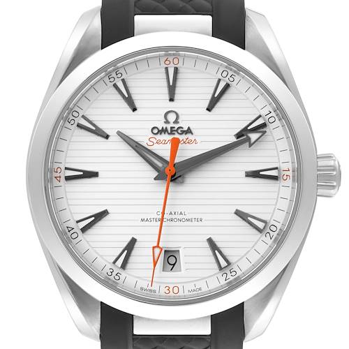 The Omega Aqua Terra watch is shown from the front, highlighting the dial, hands, and crown.