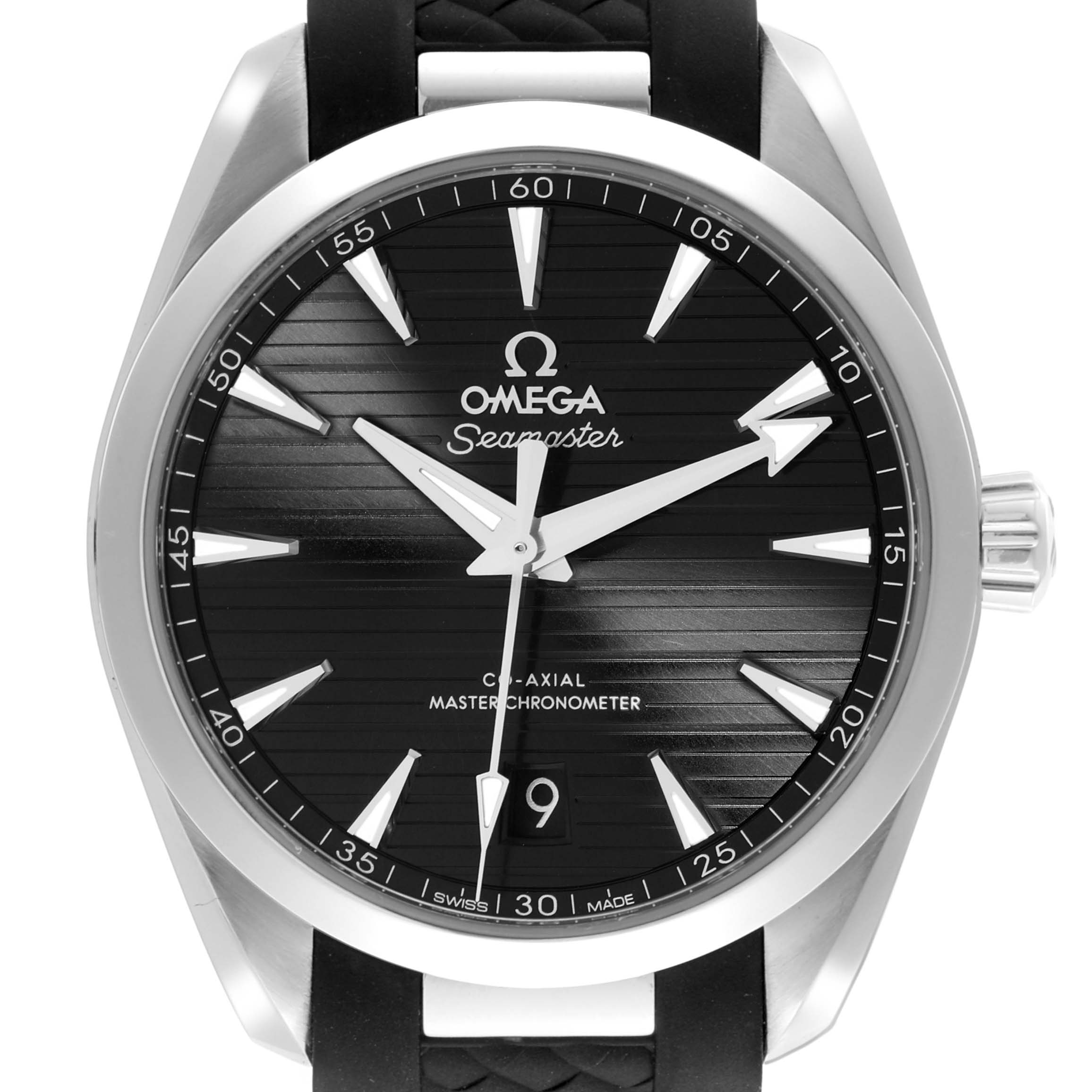 The Omega Aqua Terra 220.12.38.20.01.001 Men's Stainless Steel Black Dial 220.12.38.20.01.001 Men's Stainless Steel Black Dial watch is shown from a front angle, highlighting the face, dial, and crown.