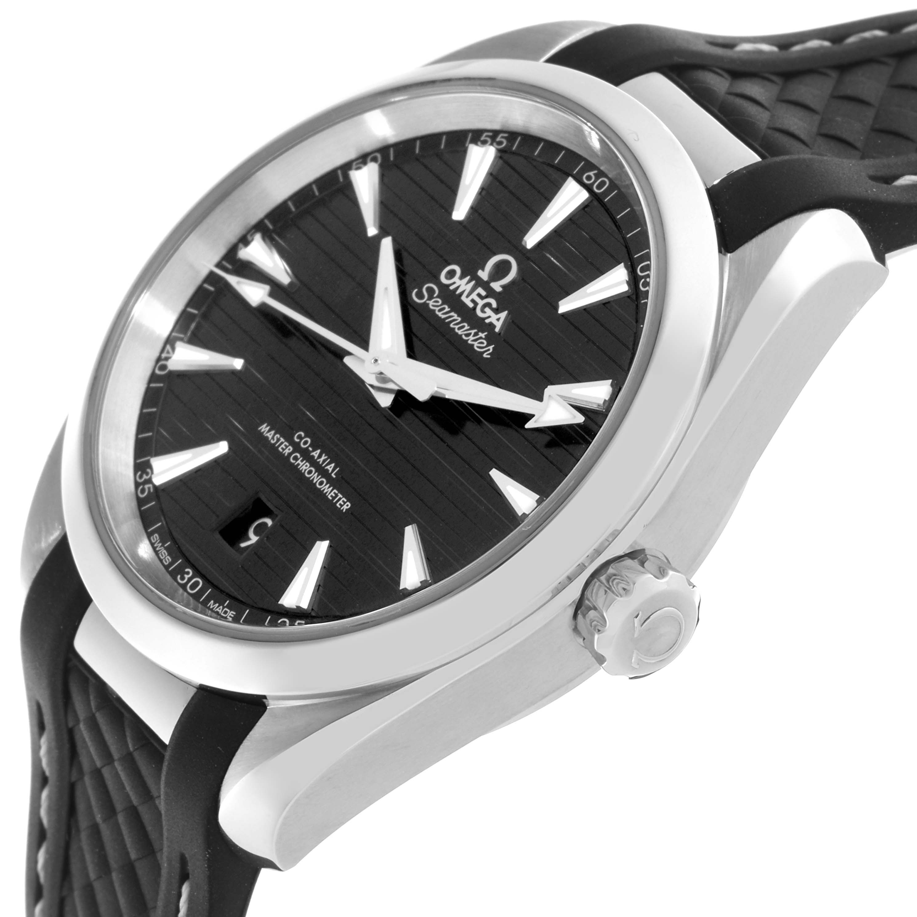 The Omega Aqua Terra 220.12.38.20.01.001 Men's Stainless Steel Black Dial 220.12.38.20.01.001 Men's Stainless Steel Black Dial watch is shown from a side angle, highlighting the black dial, crown, and strap.