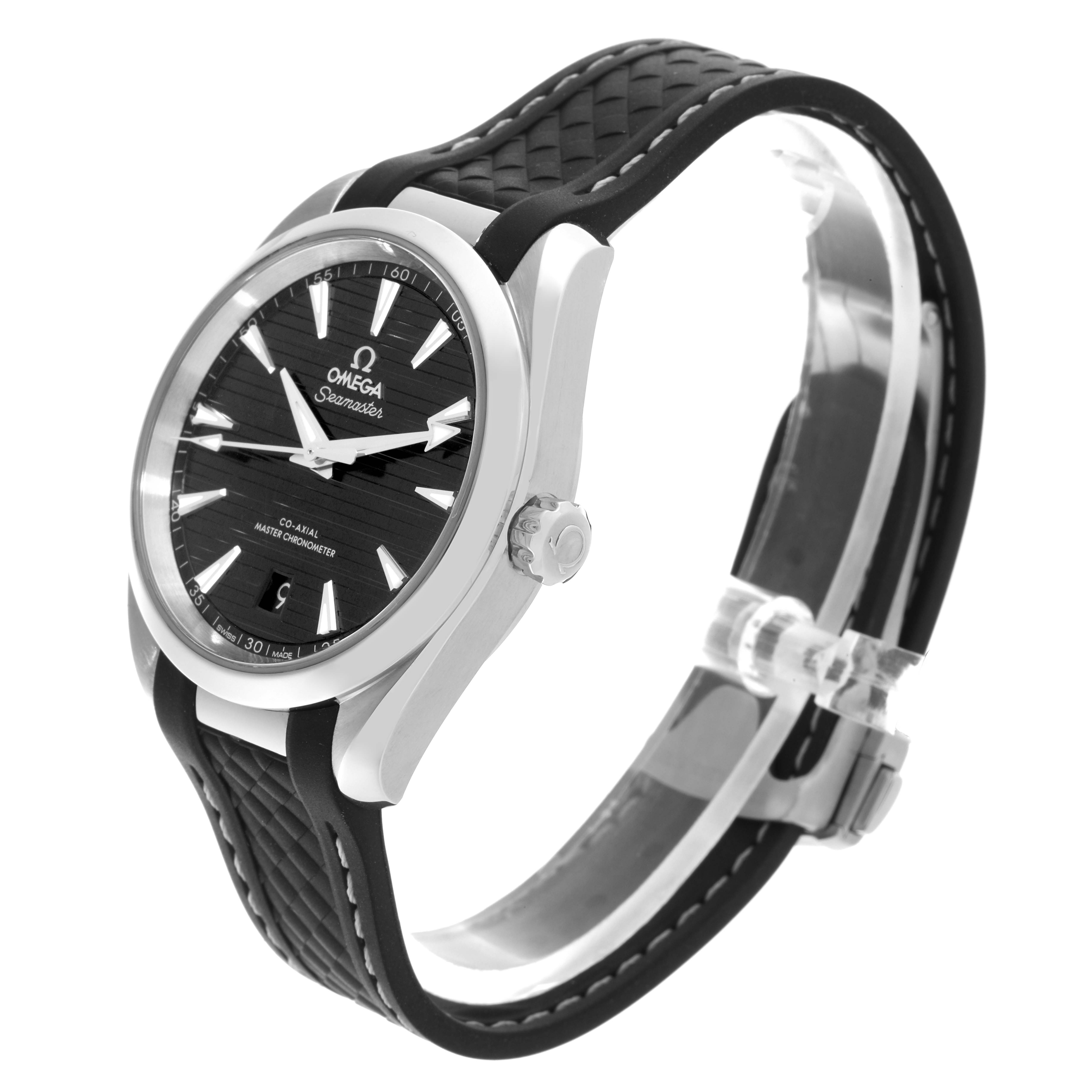 The Omega Aqua Terra 220.12.38.20.01.001 Men's Stainless Steel Black Dial 220.12.38.20.01.001 Men's Stainless Steel Black Dial watch is shown at a side angle, highlighting its face, bezel, crown, and strap.