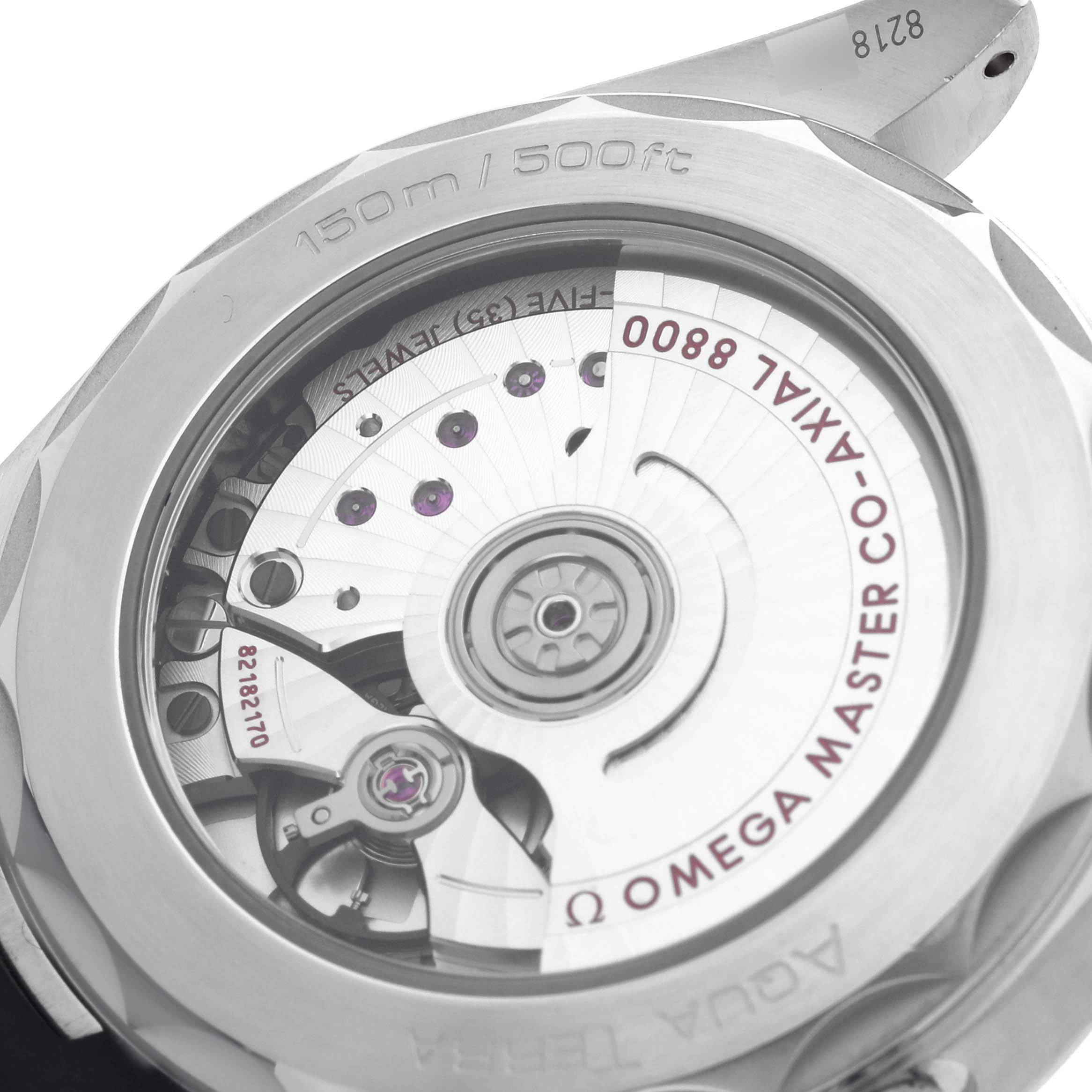 The image shows the back view of the Omega Aqua Terra 220.12.38.20.01.001 Men's Stainless Steel Black Dial 220.12.38.20.01.001 Men's Stainless Steel Black Dial, highlighting its mechanical movement and transparent case back.