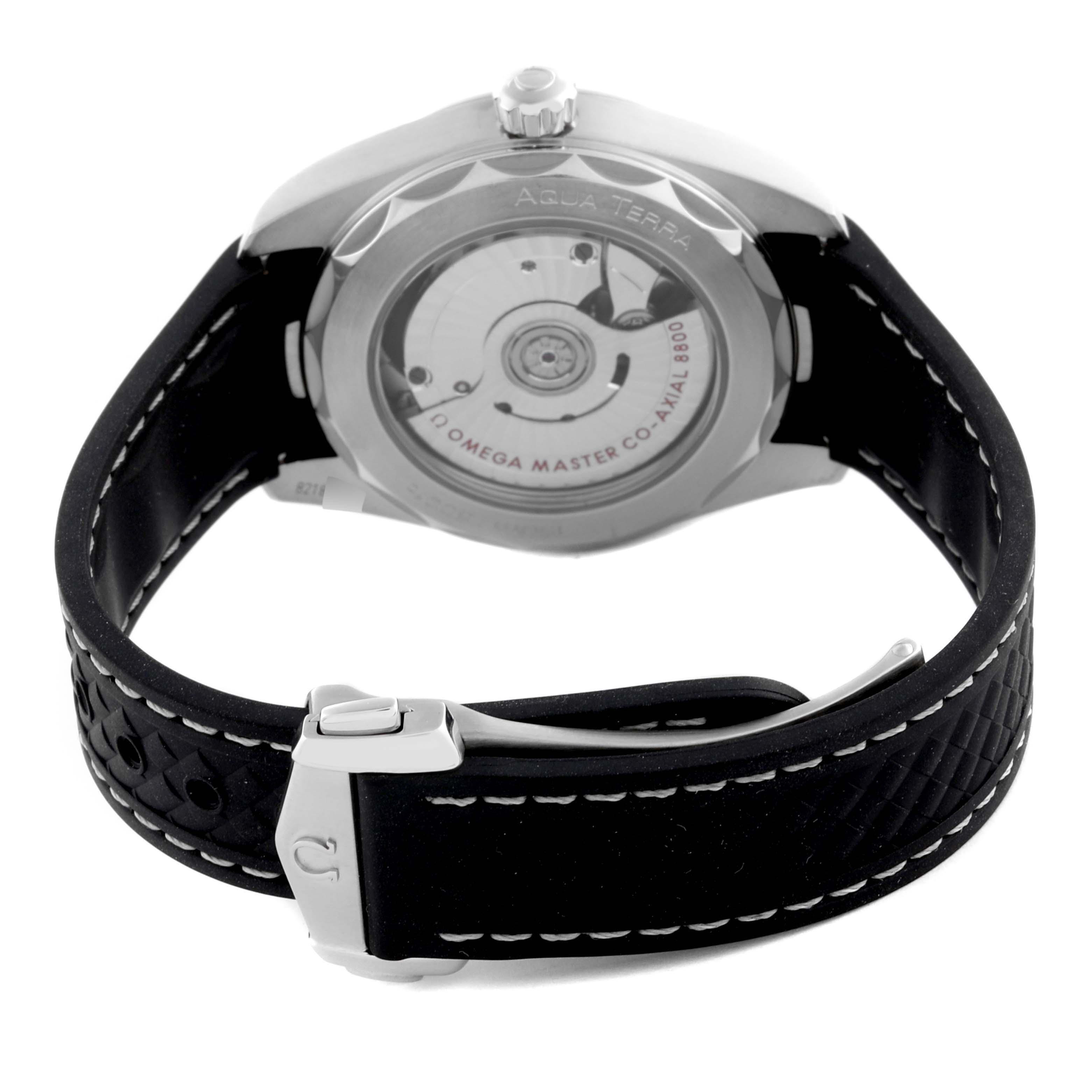 The image shows the back of an Omega Aqua Terra 220.12.38.20.01.001 Men's Stainless Steel Black Dial 220.12.38.20.01.001 Men's Stainless Steel Black Dial watch, revealing its transparent case back and black strap.