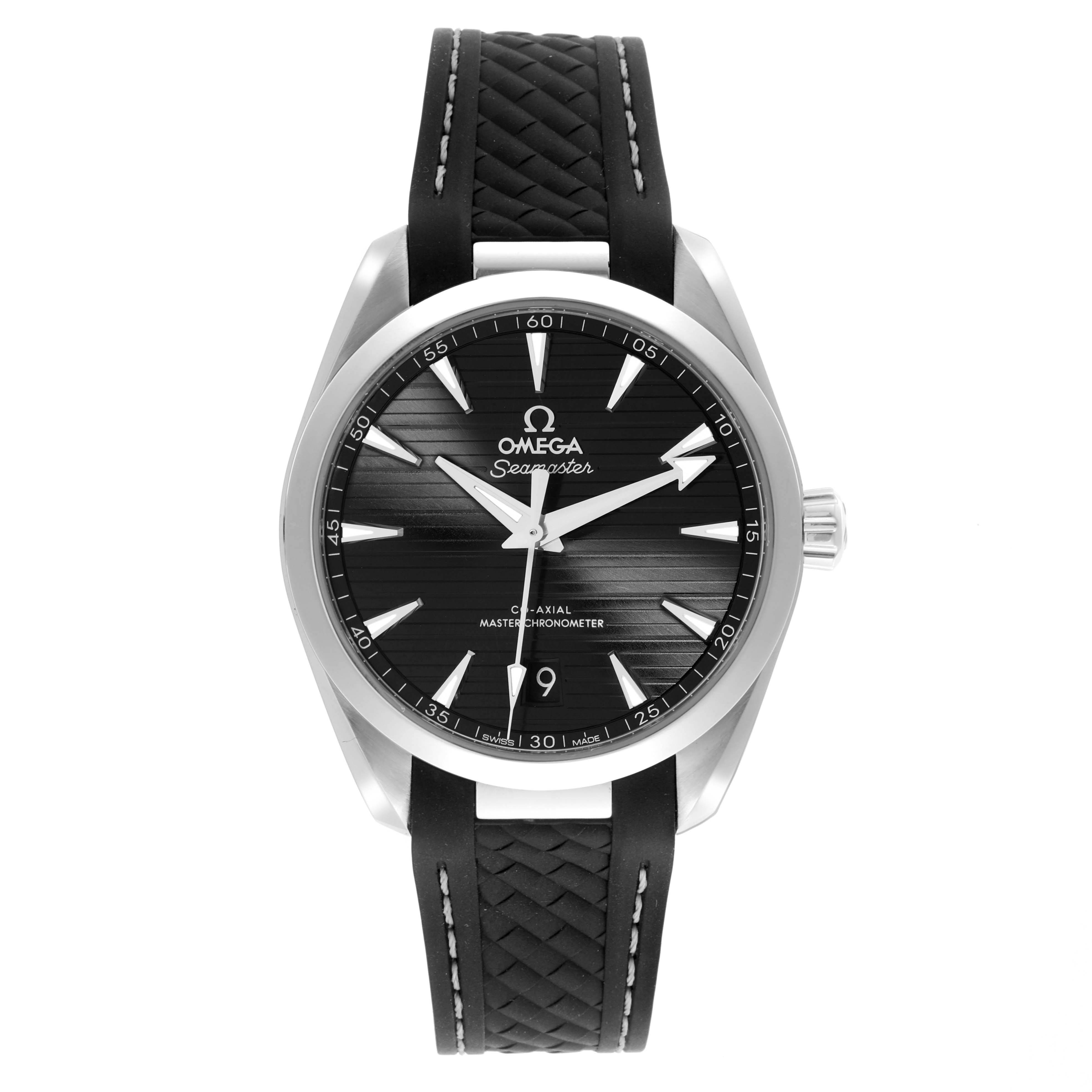 The Omega Aqua Terra 220.12.38.20.01.001 Men's Stainless Steel Black Dial 220.12.38.20.01.001 Men's Stainless Steel Black Dial watch is shown from the front, displaying the dial, hands, bezel, and strap.