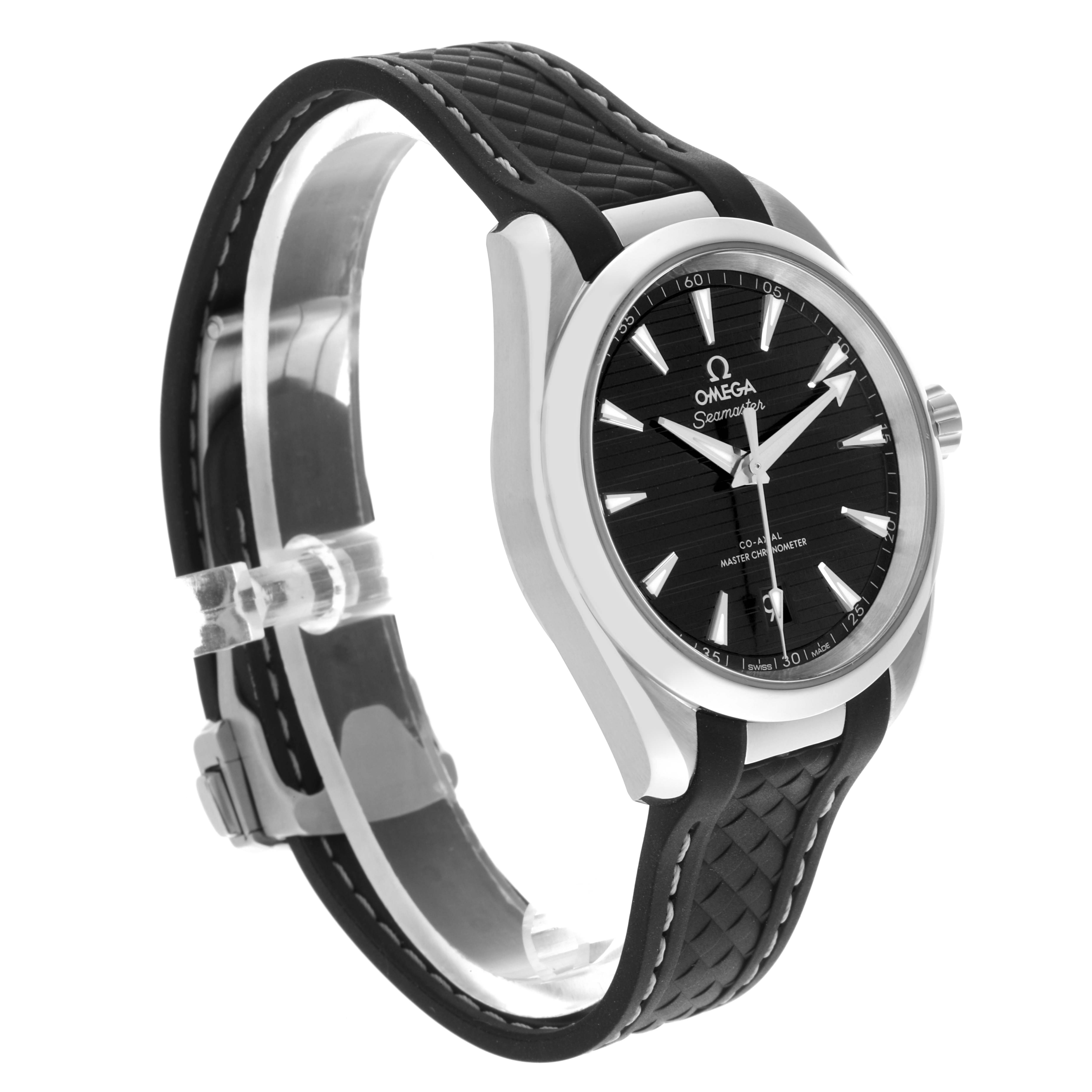 The Omega Aqua Terra 220.12.38.20.01.001 Men's Stainless Steel Black Dial 220.12.38.20.01.001 Men's Stainless Steel Black Dial watch is shown in a three-quarter angle, displaying the face, bezel, strap, and crown.