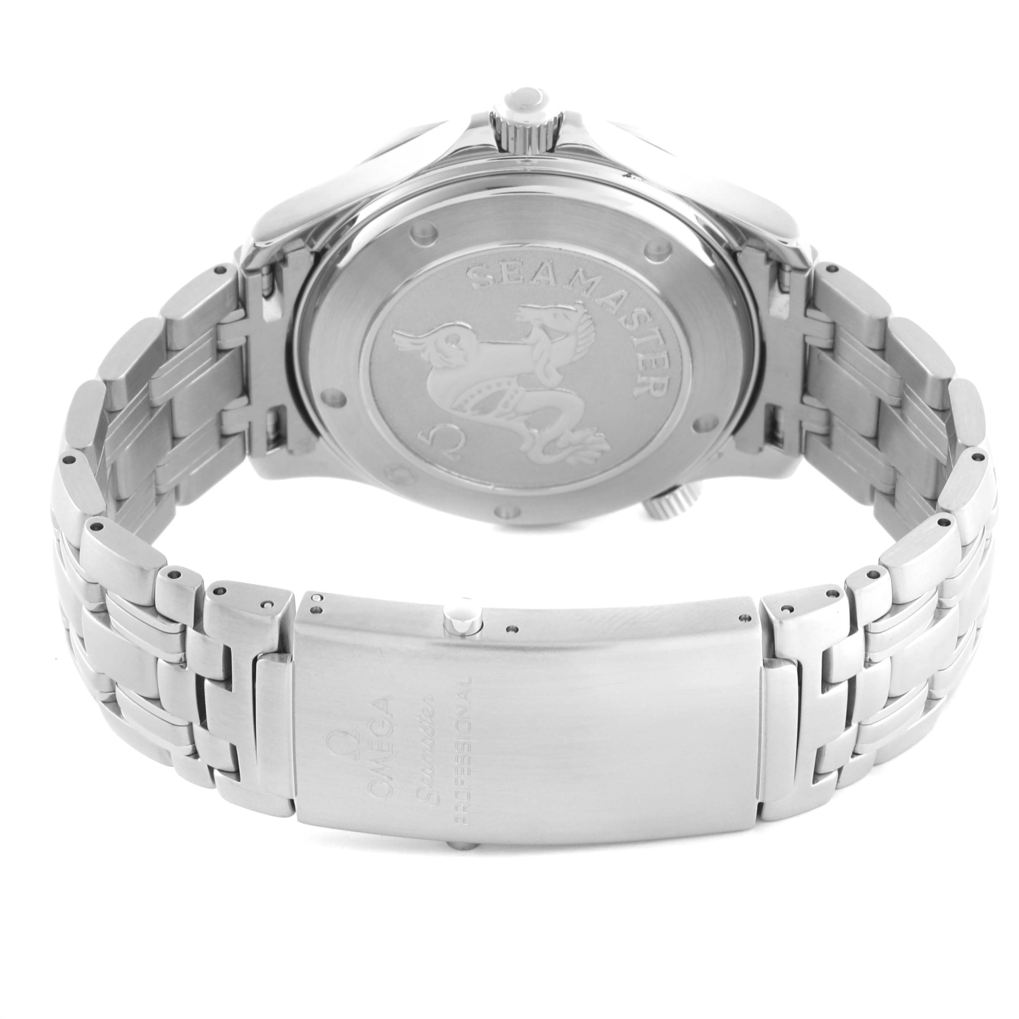 The Omega Seamaster 212.30.41.20.01.002 Men
s Stainless Steel Black Dial 212.30.41.20.01.002 Men
s Stainless Steel Black Dial watch is shown from the back, highlighting its case back and metal bracelet clasp.