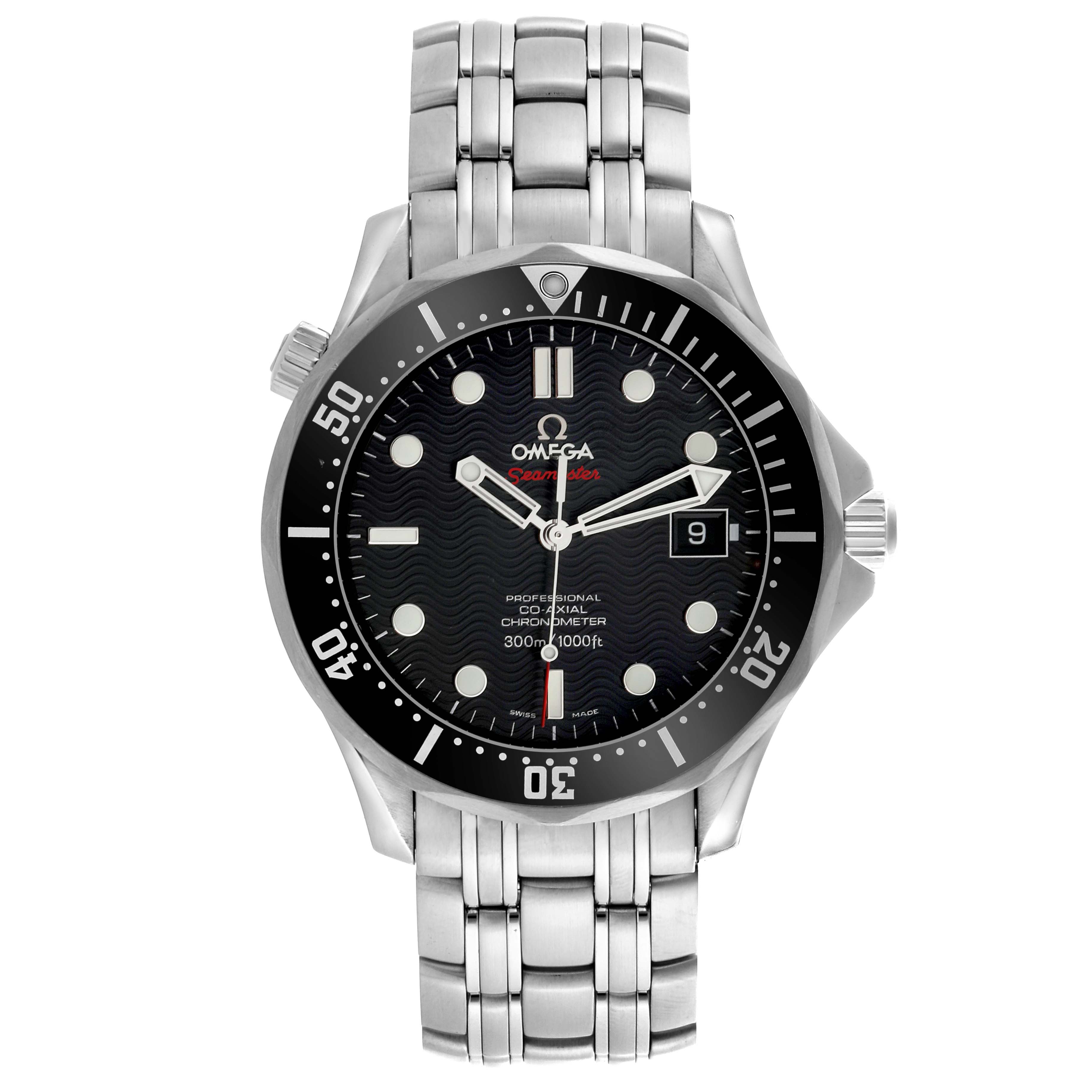 The Omega Seamaster 212.30.41.20.01.002 Men
s Stainless Steel Black Dial 212.30.41.20.01.002 Men
s Stainless Steel Black Dial watch is shown from the front, displaying the face, bezel, and metal bracelet.