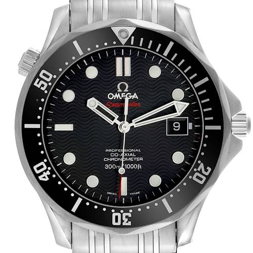 The image shows a frontal view of the Omega Seamaster, highlighting the dial, bezel, and part of the bracelet.