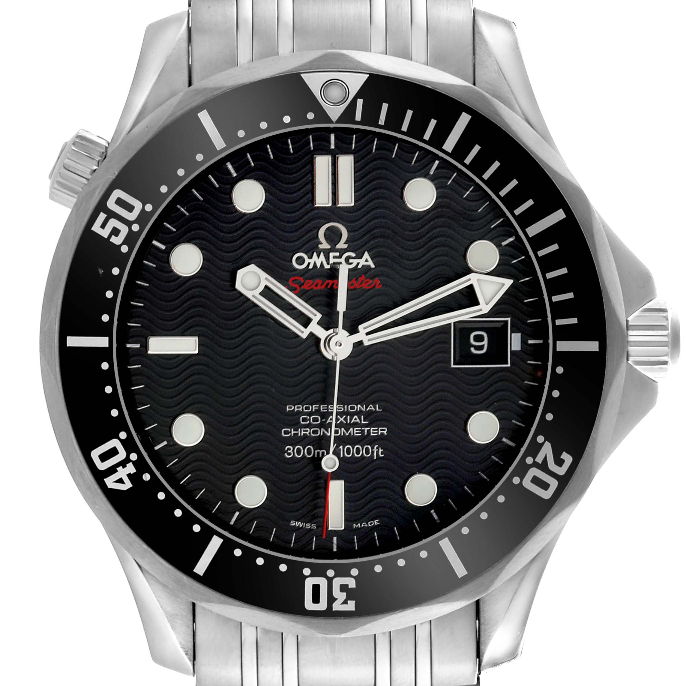 The Omega Seamaster 212.30.41.20.01.002 Men
s Stainless Steel Black Dial 212.30.41.20.01.002 Men
s Stainless Steel Black Dial is shown from a front angle, highlighting the dial, bezel, and partially visible bracelet.