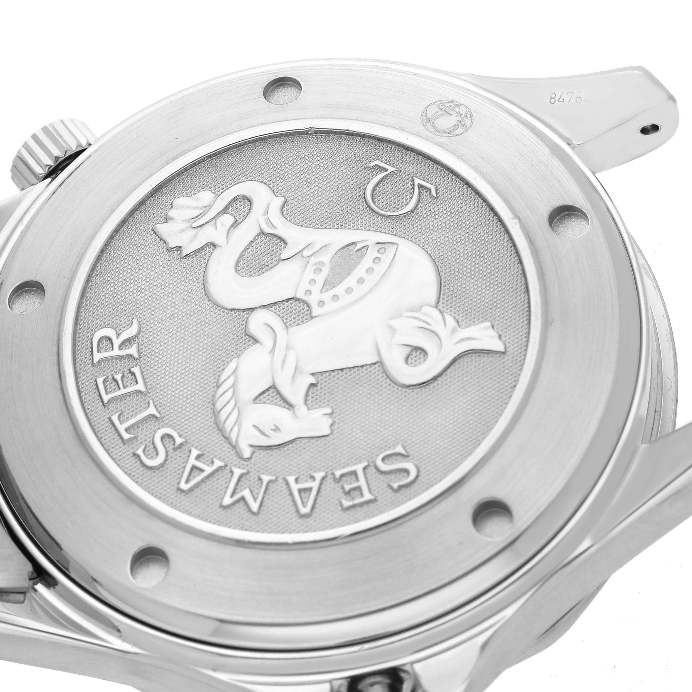 The image shows the case back of the Omega Seamaster 212.30.41.20.01.002 Men
s Stainless Steel Black Dial 212.30.41.20.01.002 Men
s Stainless Steel Black Dial, featuring the logo and engravings, from an angled side view.