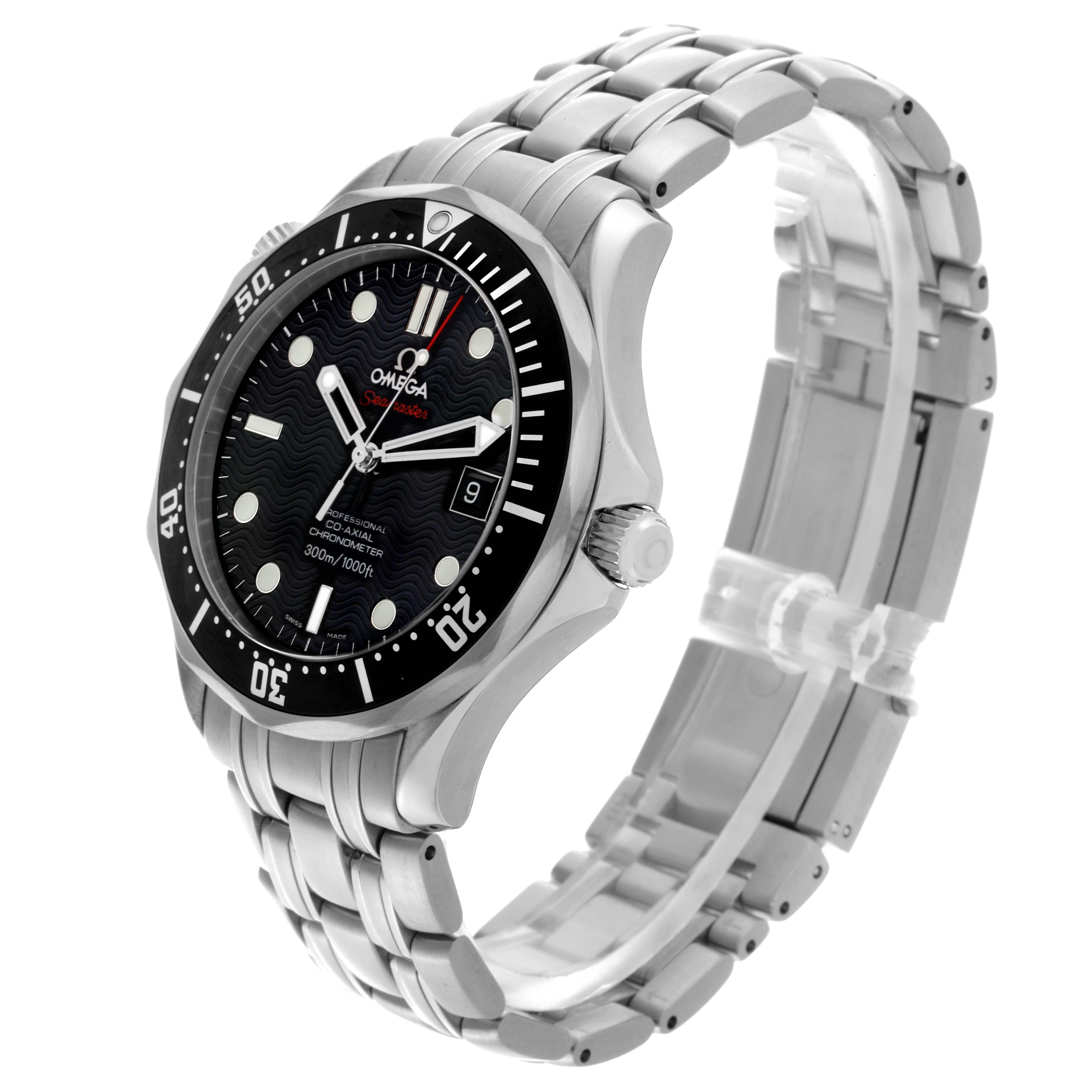 The Omega Seamaster 212.30.41.20.01.002 Men
s Stainless Steel Black Dial 212.30.41.20.01.002 Men
s Stainless Steel Black Dial watch is shown at a side angle displaying the dial, bezel, crown, and stainless steel bracelet.