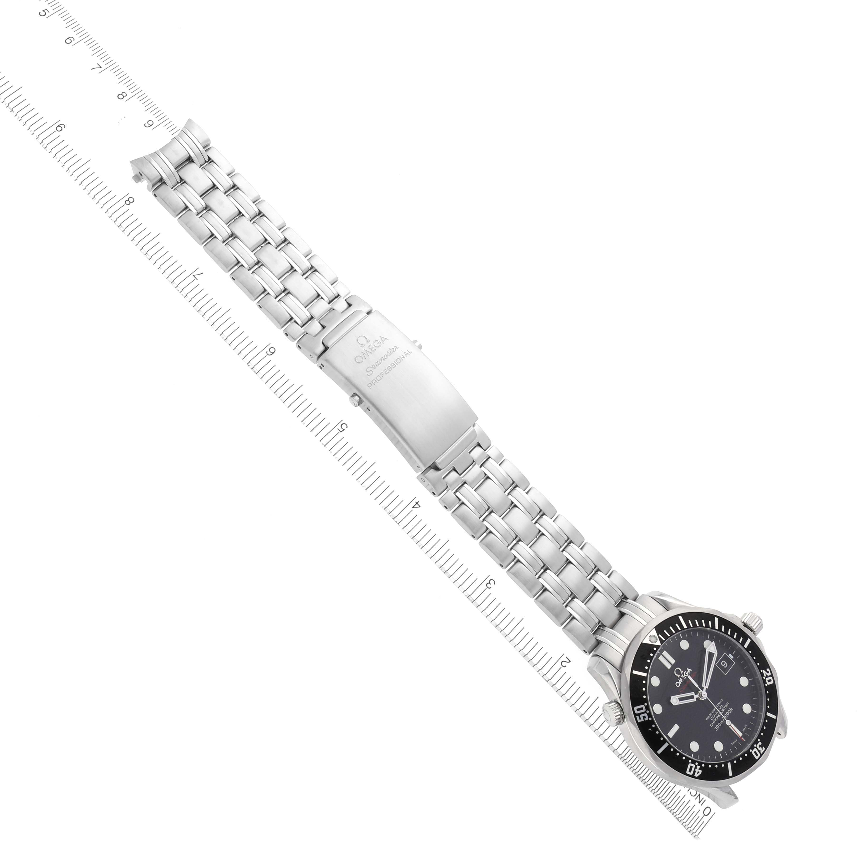 The Omega Seamaster 212.30.41.20.01.002 Men
s Stainless Steel Black Dial 212.30.41.20.01.002 Men
s Stainless Steel Black Dial watch is shown at a top-down angle, highlighting the face, bracelet, and clasp.