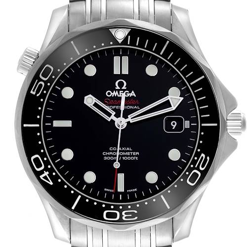 The Omega Seamaster watch is shown from the front, displaying its dial, bezel, and part of the stainless steel bracelet.