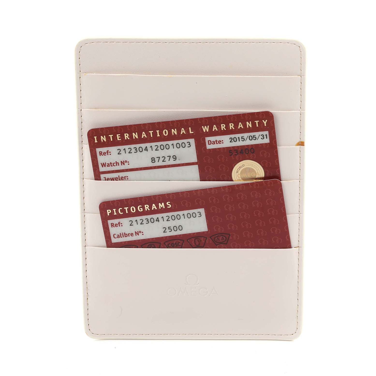 The image shows Omega Seamaster 212.30.41.20.01.003 Men
s Stainless Steel Black Dial 212.30.41.20.01.003 Men
s Stainless Steel Black Dial model warranty and pictograms cards in a leather cardholder.