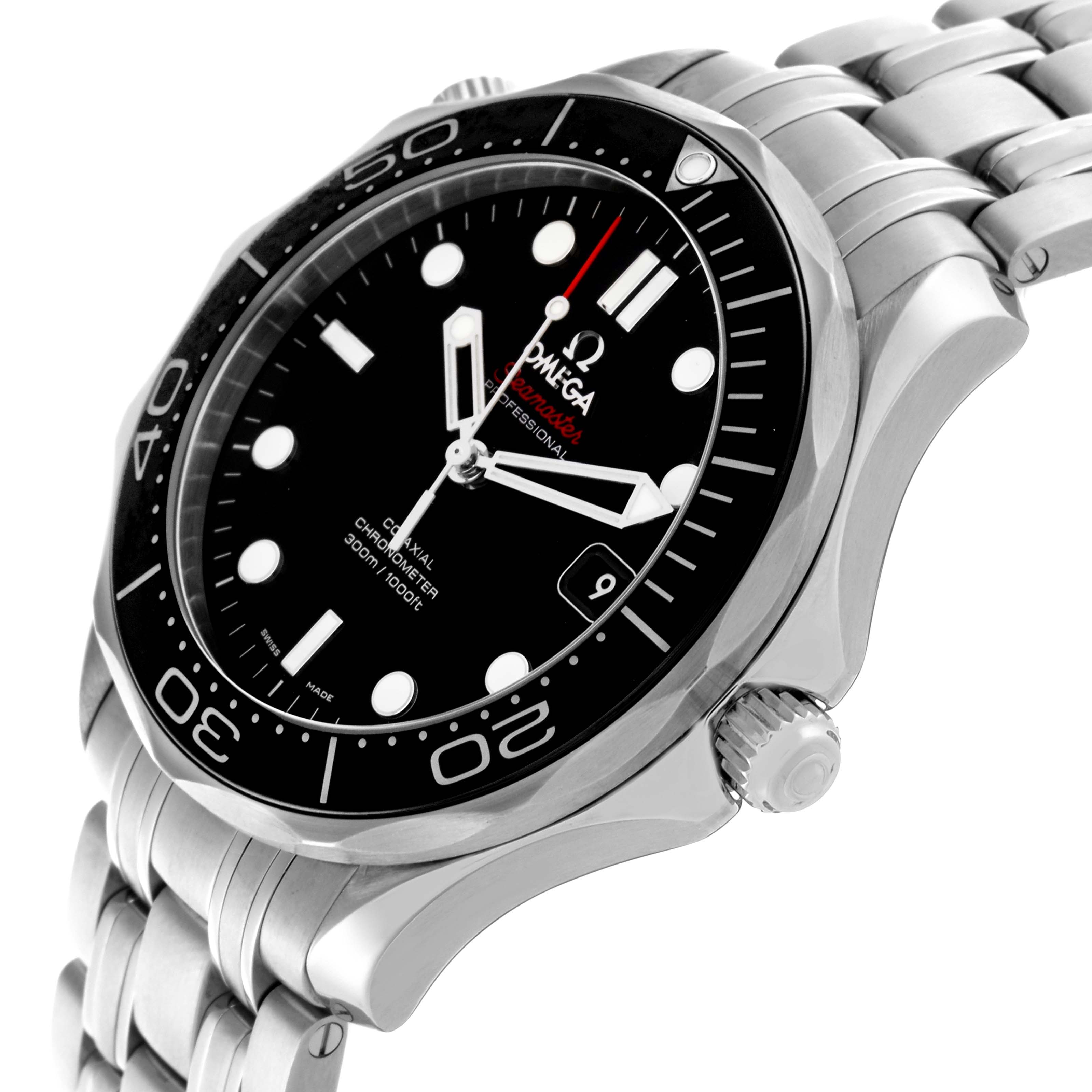 The Omega Seamaster 212.30.41.20.01.003 Men
s Stainless Steel Black Dial 212.30.41.20.01.003 Men
s Stainless Steel Black Dial watch is shown from a side angle, highlighting the face, bezel, and part of the bracelet.