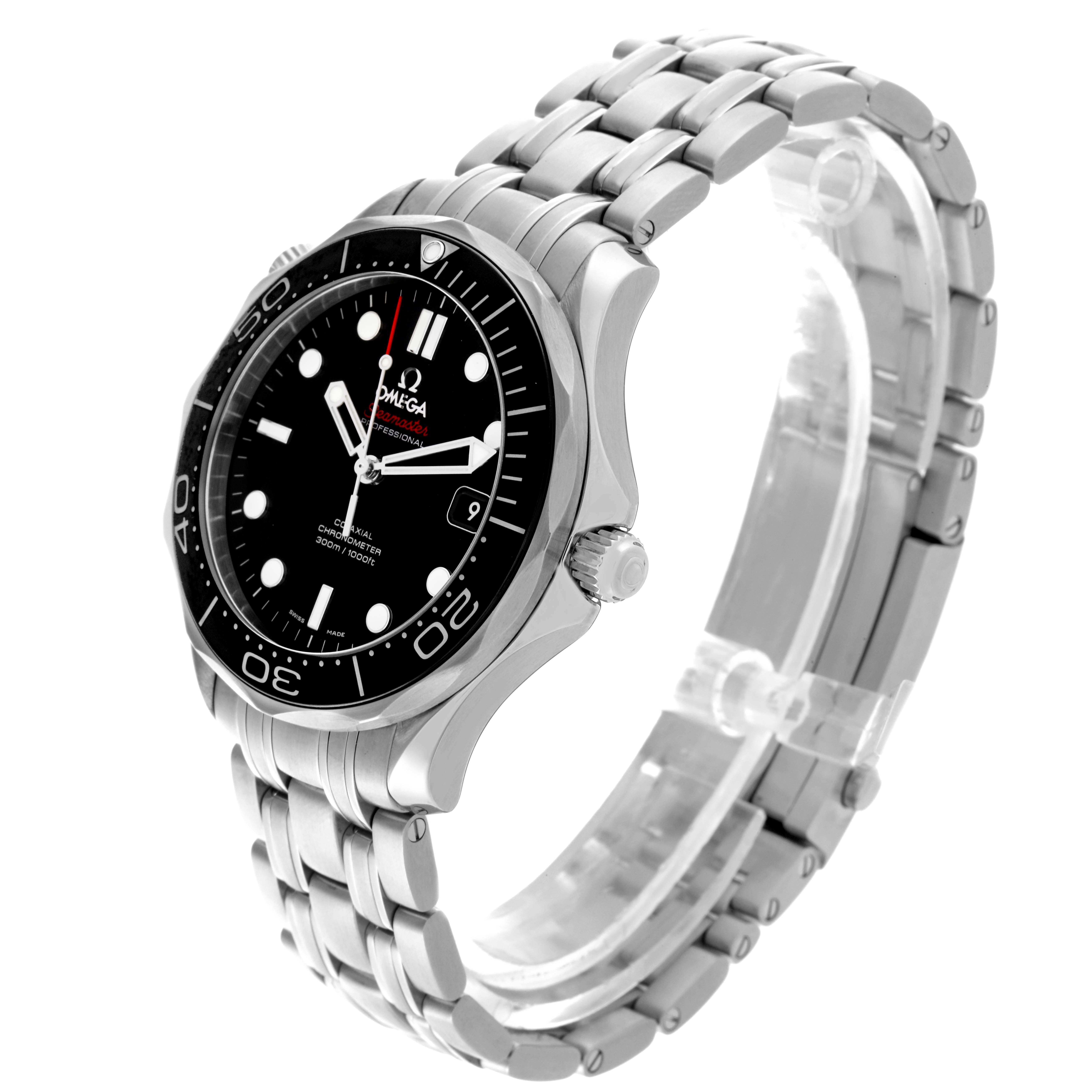 The Omega Seamaster 212.30.41.20.01.003 Men
s Stainless Steel Black Dial 212.30.41.20.01.003 Men
s Stainless Steel Black Dial watch is shown from a side angle, displaying the face, bezel, crown, and stainless steel bracelet.
