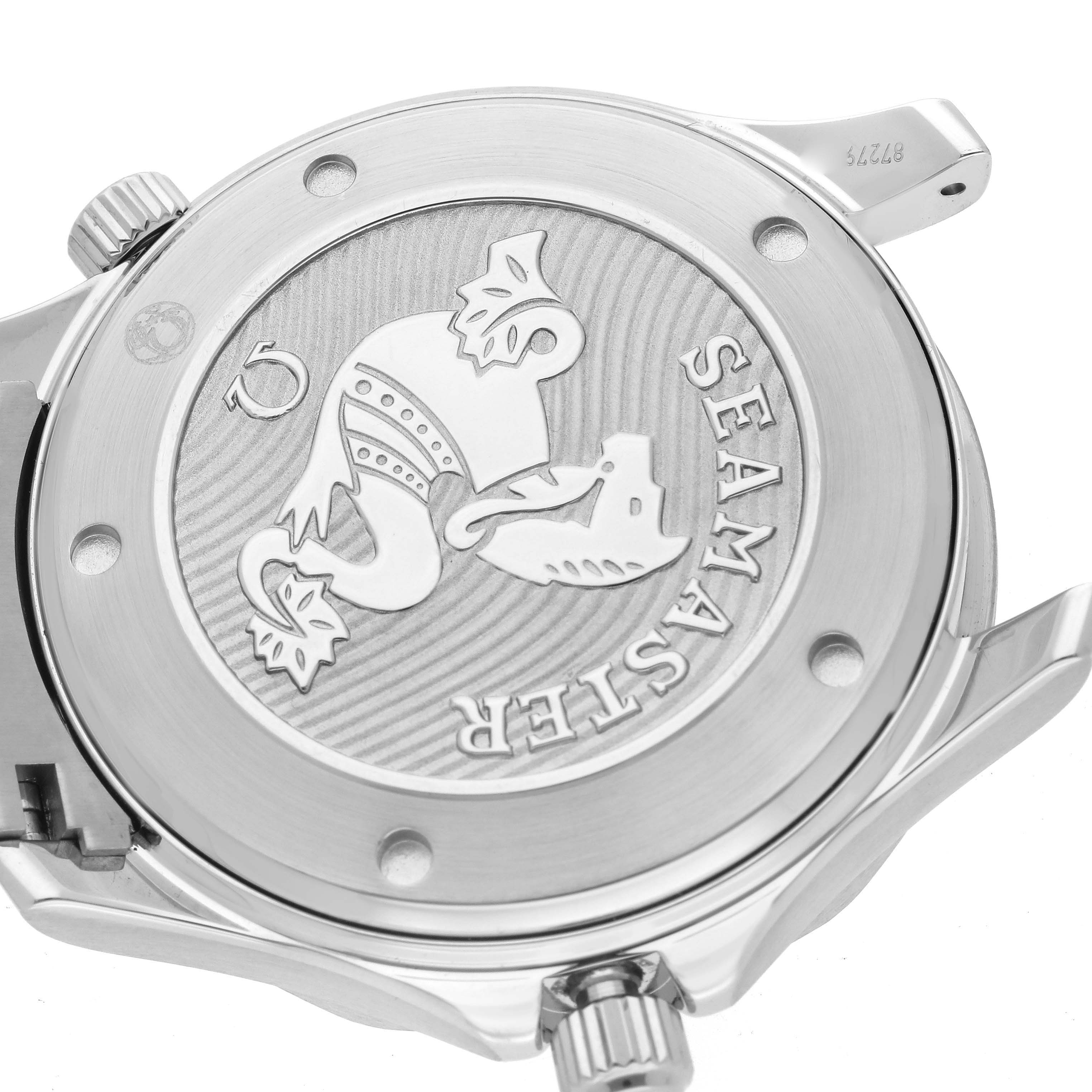 The image shows the case back of an Omega Seamaster 212.30.41.20.01.003 Men
s Stainless Steel Black Dial 212.30.41.20.01.003 Men
s Stainless Steel Black Dial, highlighting its engraving and crown.