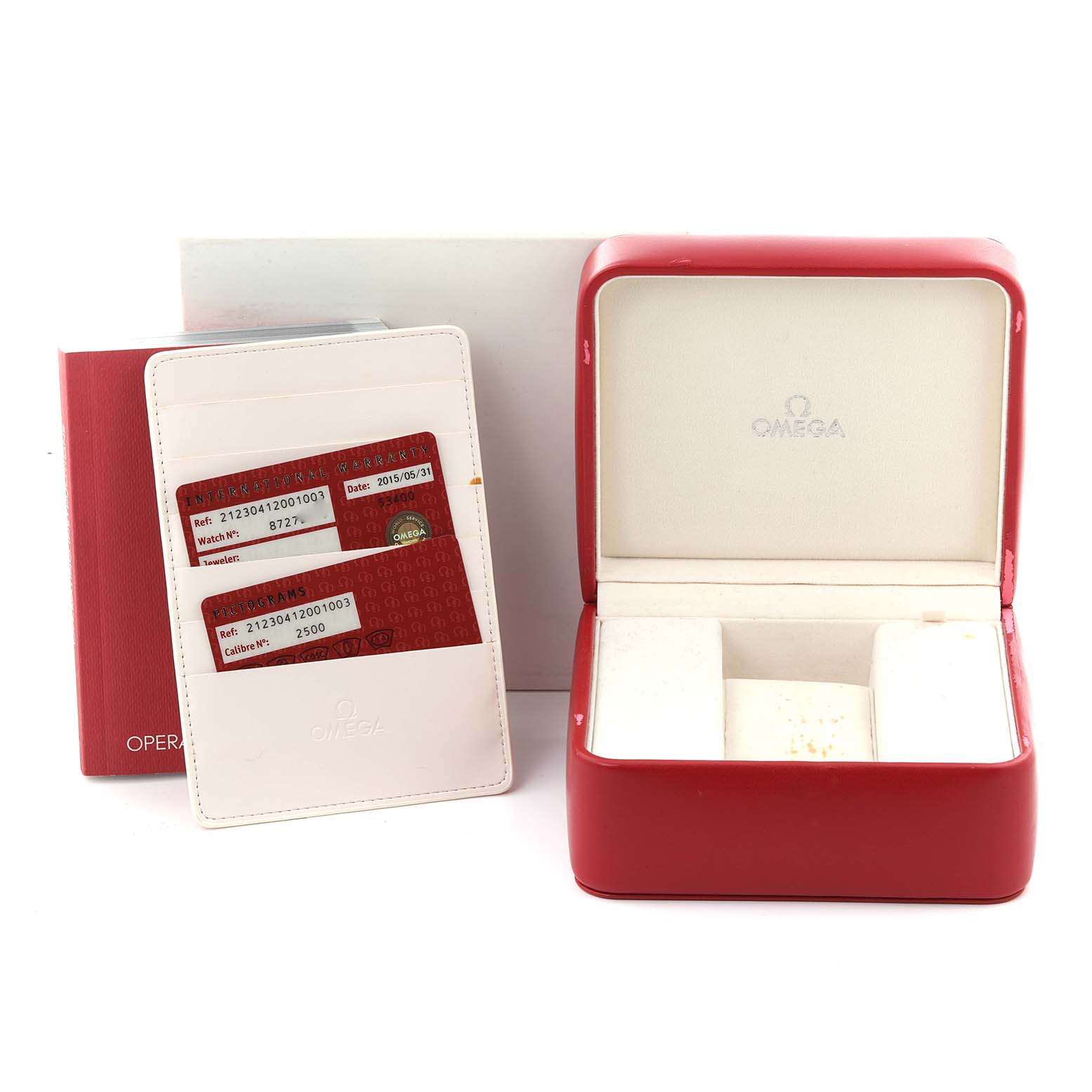 The image shows an Omega Seamaster 212.30.41.20.01.003 Men
s Stainless Steel Black Dial 212.30.41.20.01.003 Men
s Stainless Steel Black Dial watch box, warranty cards, and a red leather case from a frontal angle.