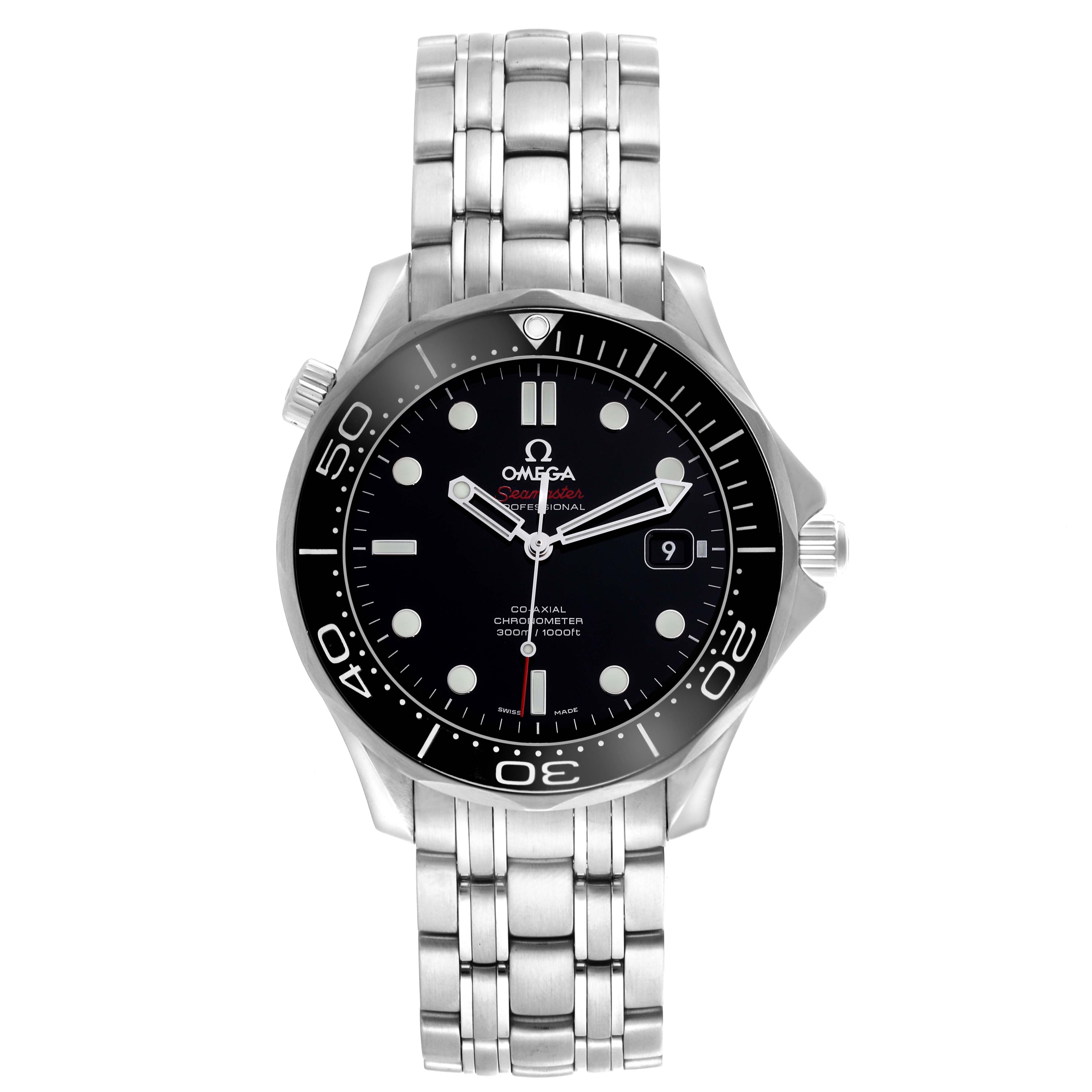 The Omega Seamaster 212.30.41.20.01.003 Men
s Stainless Steel Black Dial 212.30.41.20.01.003 Men
s Stainless Steel Black Dial watch is shown from a front angle, displaying the face, bezel, crown, and stainless steel bracelet.