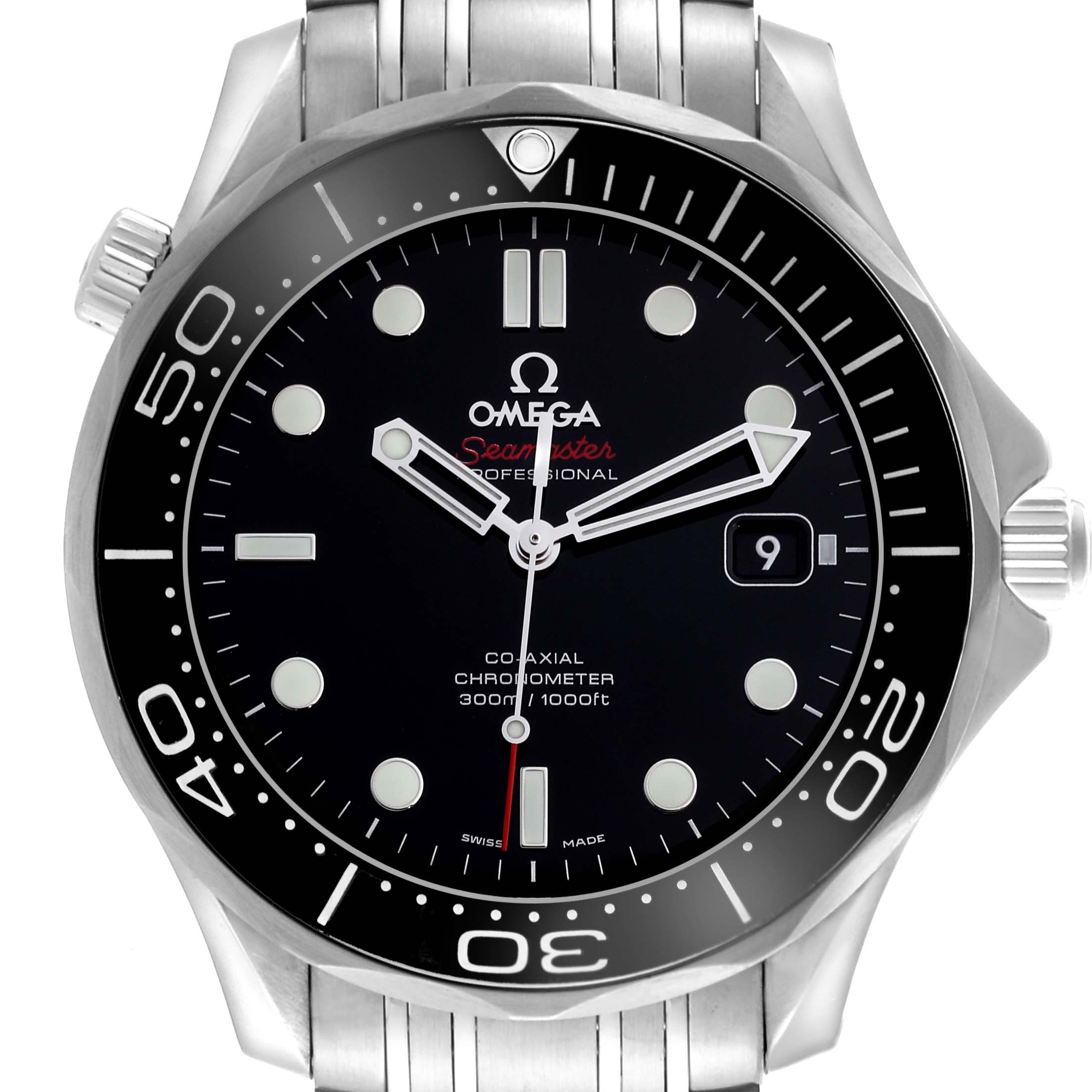 The image shows a frontal view of the Omega Seamaster 212.30.41.20.01.003 Men
s Stainless Steel Black Dial 212.30.41.20.01.003 Men
s Stainless Steel Black Dial watch, displaying the dial, bezel, and part of the bracelet.