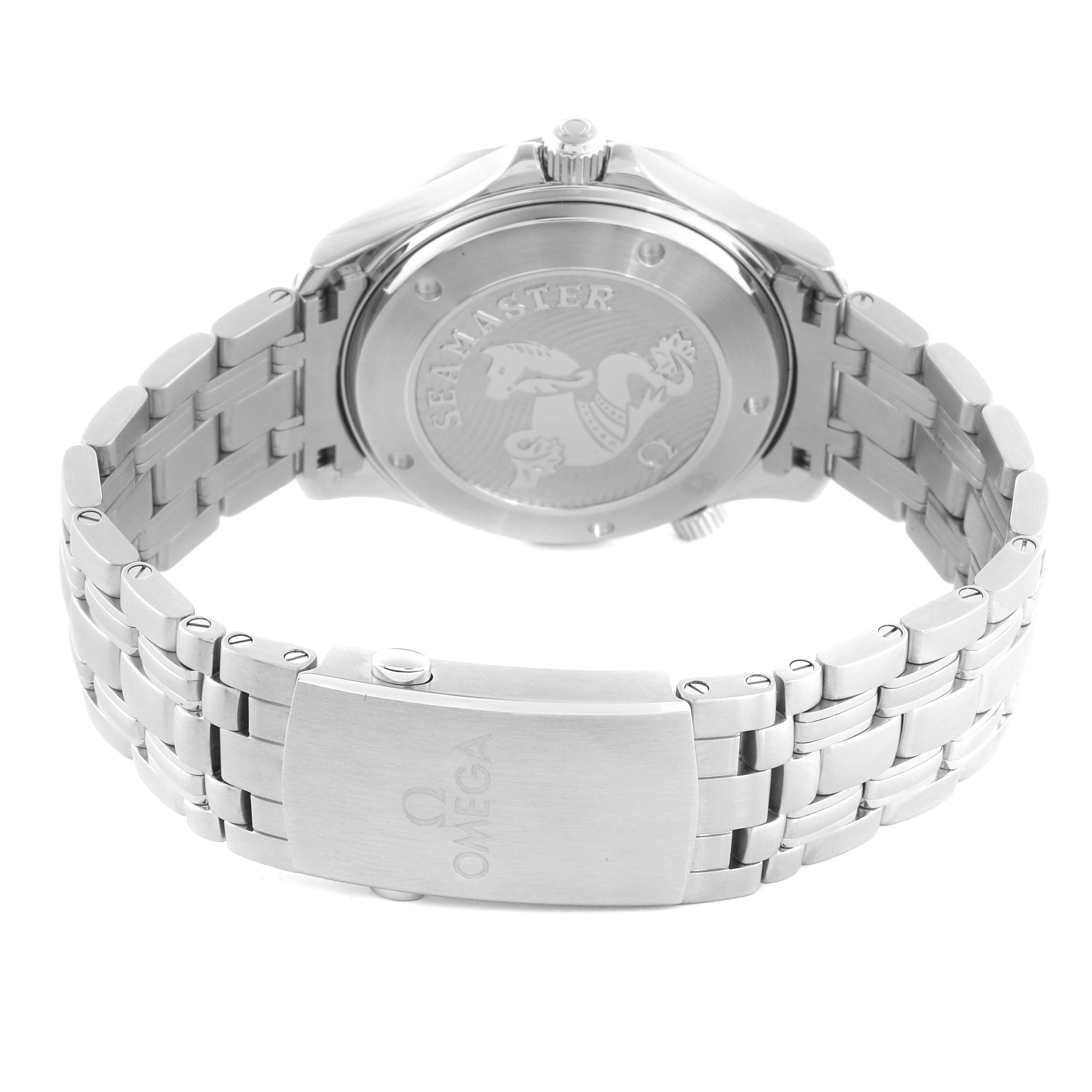 The Omega Seamaster 212.30.41.20.01.003 Men
s Stainless Steel Black Dial 212.30.41.20.01.003 Men
s Stainless Steel Black Dial watch is shown from the back, highlighting the case back and stainless steel bracelet.