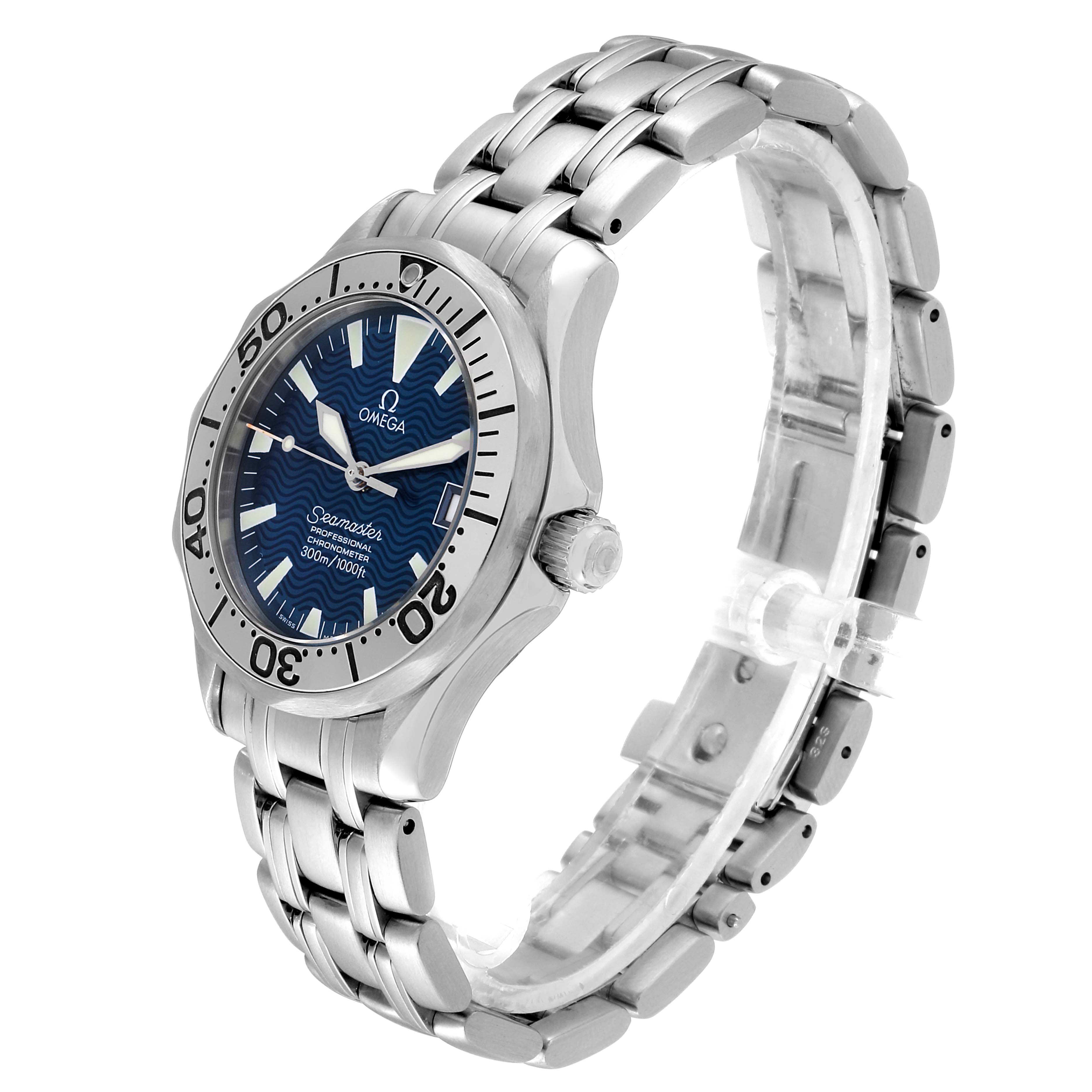 The image shows an Omega Seamaster 2053.80.00 Men
s Stainless Steel Blue Dial 2053.80.00 Men
s Stainless Steel Blue Dial watch at a slight angle, highlighting the dial, bezel, and metal bracelet.