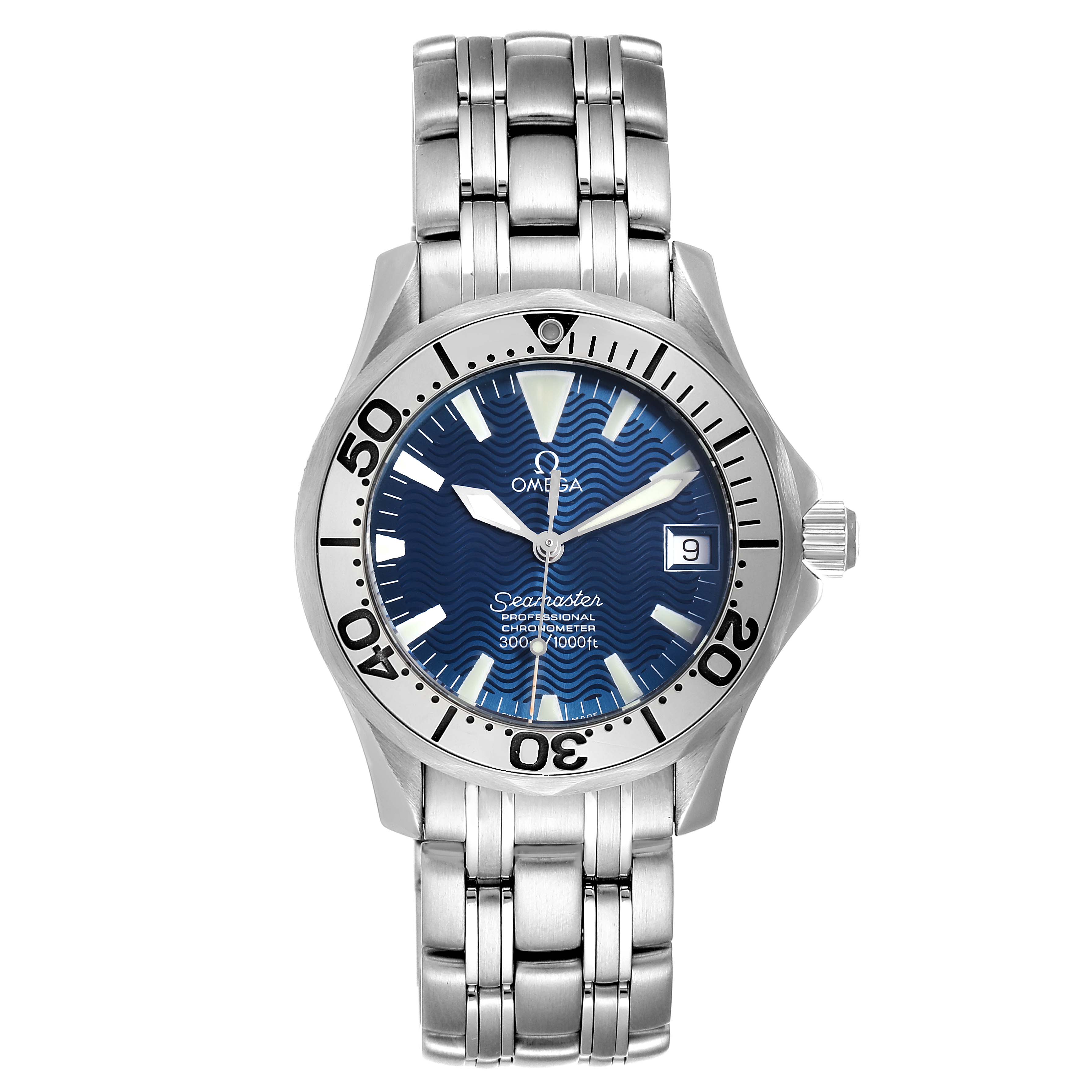 The image shows a frontal view of an Omega Seamaster 2053.80.00 Men
s Stainless Steel Blue Dial 2053.80.00 Men
s Stainless Steel Blue Dial watch, highlighting its bezel, blue dial, and metal bracelet.