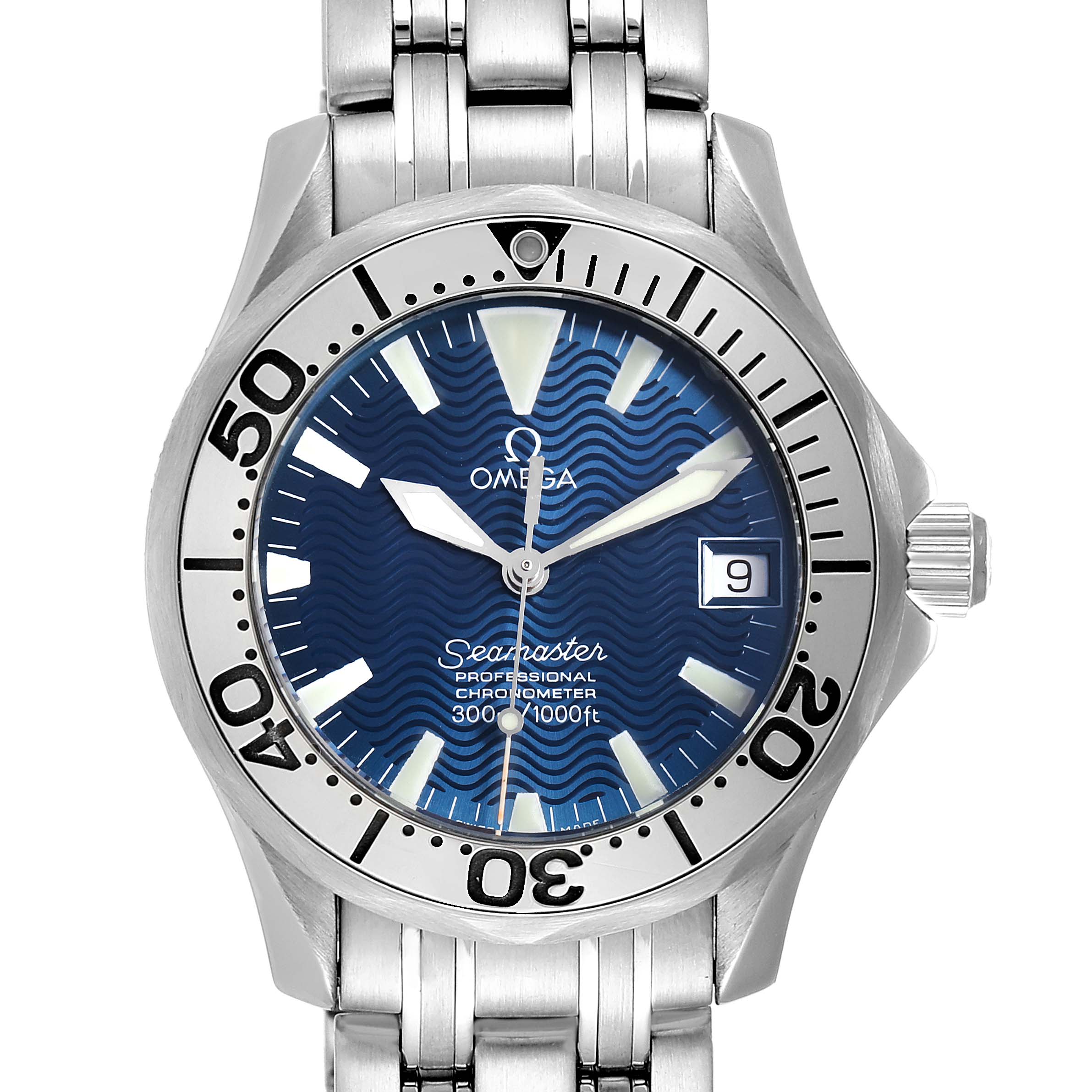 The Omega Seamaster 2053.80.00 Men
s Stainless Steel Blue Dial 2053.80.00 Men
s Stainless Steel Blue Dial watch is shown from a front angle, displaying the dial, bezel, and stainless steel bracelet.