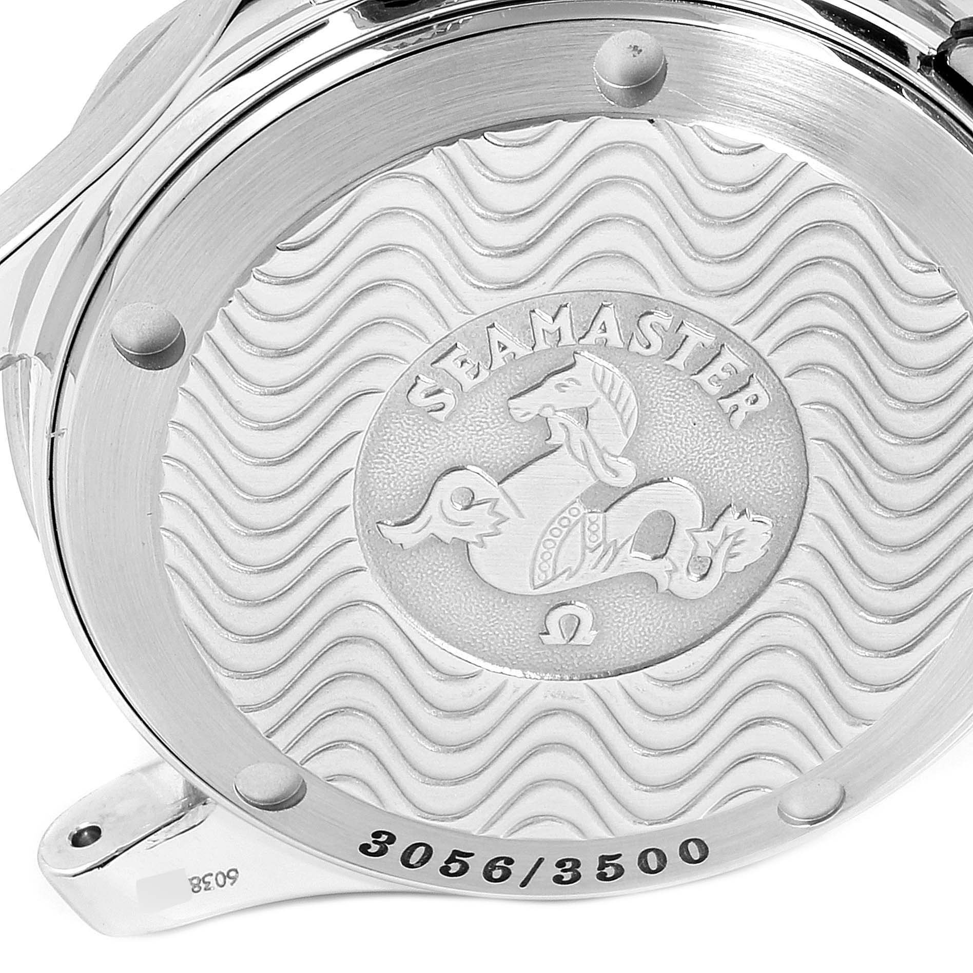 This image shows the case back of the Omega Seamaster 2053.80.00 Men
s Stainless Steel Blue Dial 2053.80.00 Men
s Stainless Steel Blue Dial watch with its engraved design and limited edition number.