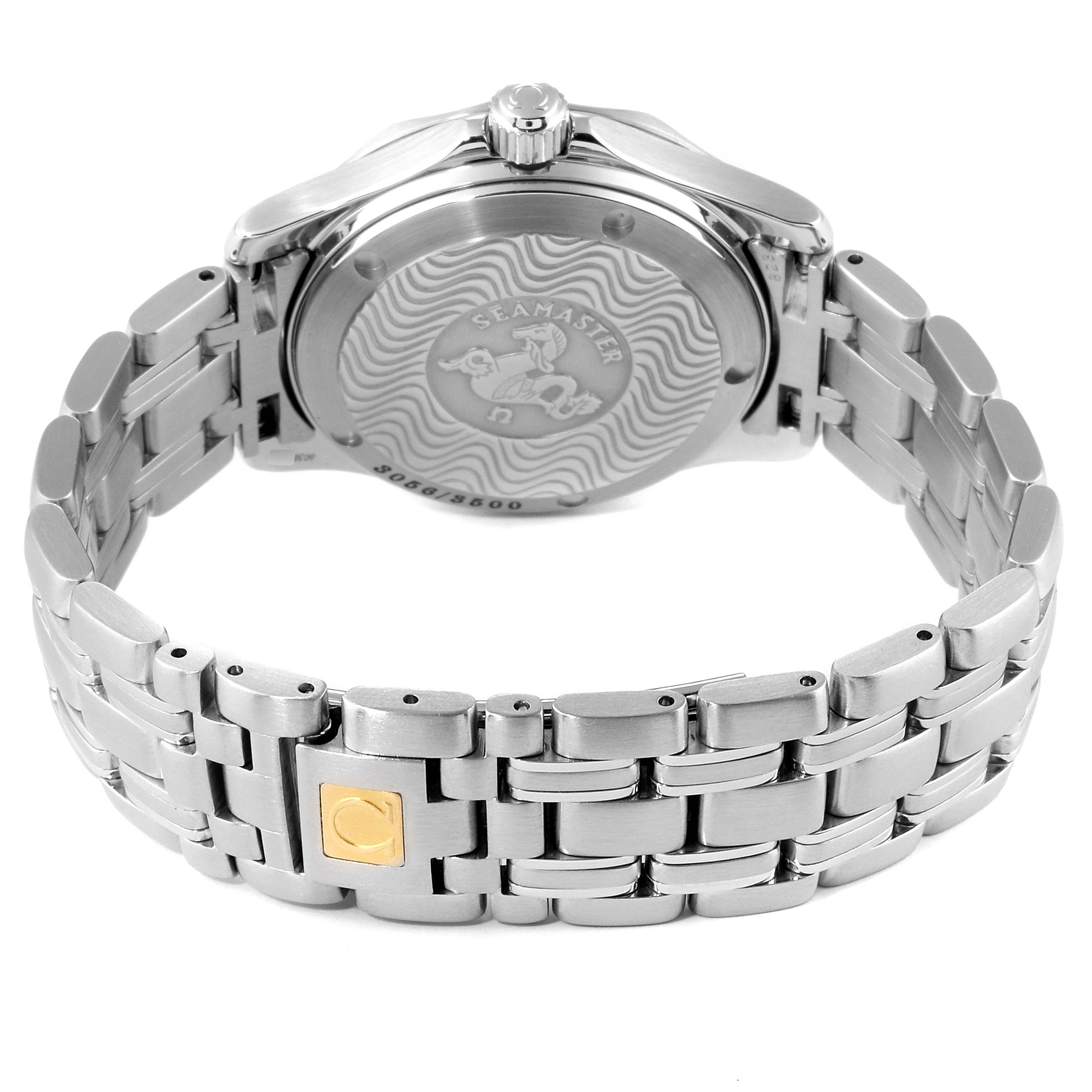 The image shows the back view of the Omega Seamaster 2053.80.00 Men
s Stainless Steel Blue Dial 2053.80.00 Men
s Stainless Steel Blue Dial watch, highlighting its case back and metal bracelet.