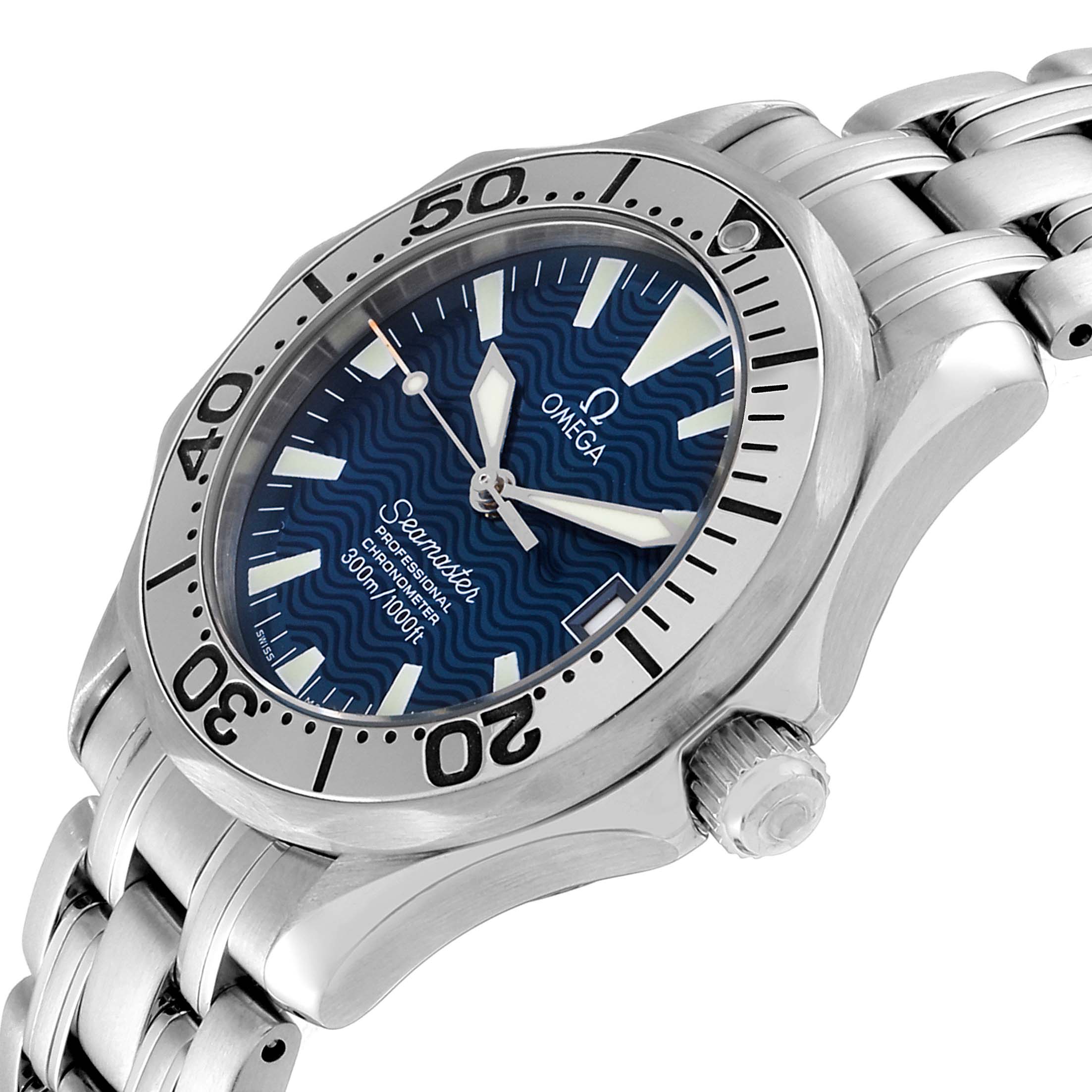 This image shows an angled close-up of the Omega Seamaster 2053.80.00 Men
s Stainless Steel Blue Dial 2053.80.00 Men
s Stainless Steel Blue Dial
s face, bezel, crown, and part of the bracelet.