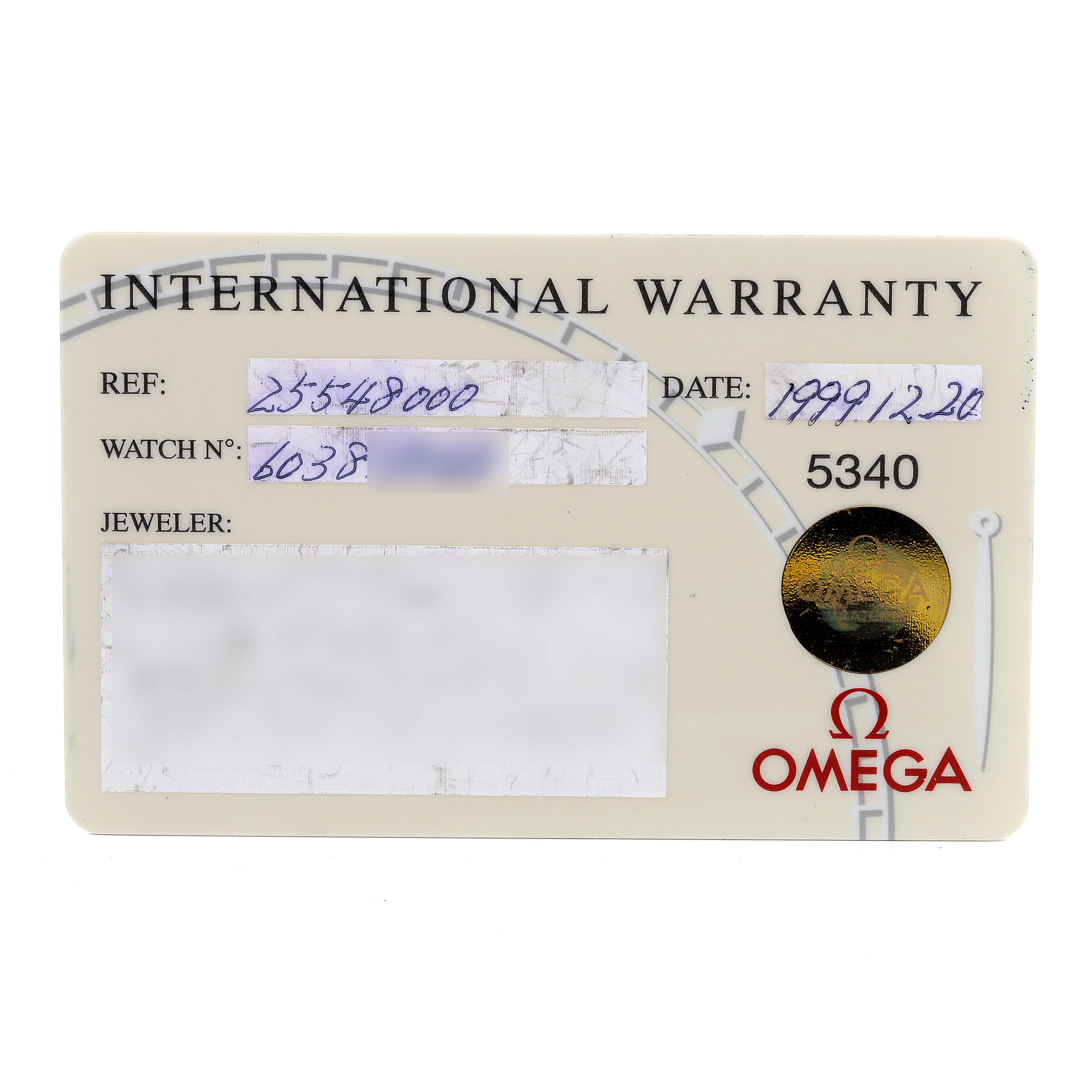 The image shows an International Warranty card for an Omega Seamaster 2053.80.00 Men
s Stainless Steel Blue Dial 2053.80.00 Men
s Stainless Steel Blue Dial watch, displaying reference number, date, and other details.