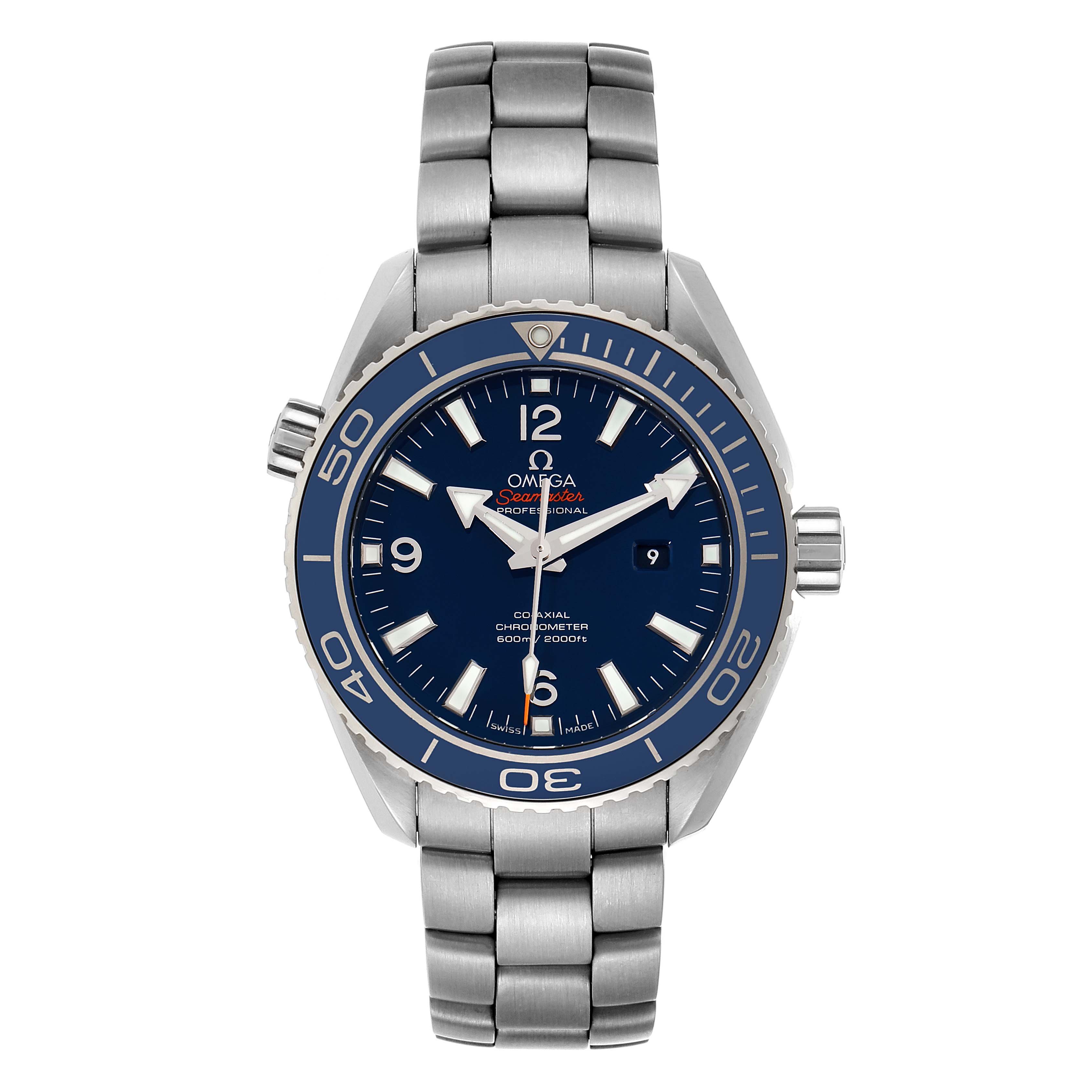 This image shows a front view of the Omega Planet Ocean 232.90.38.20.03.001 Men's Titanium Blue Dial 232.90.38.20.03.001 Men's Titanium Blue Dial watch, highlighting the face, bezel, bracelet, and crown.