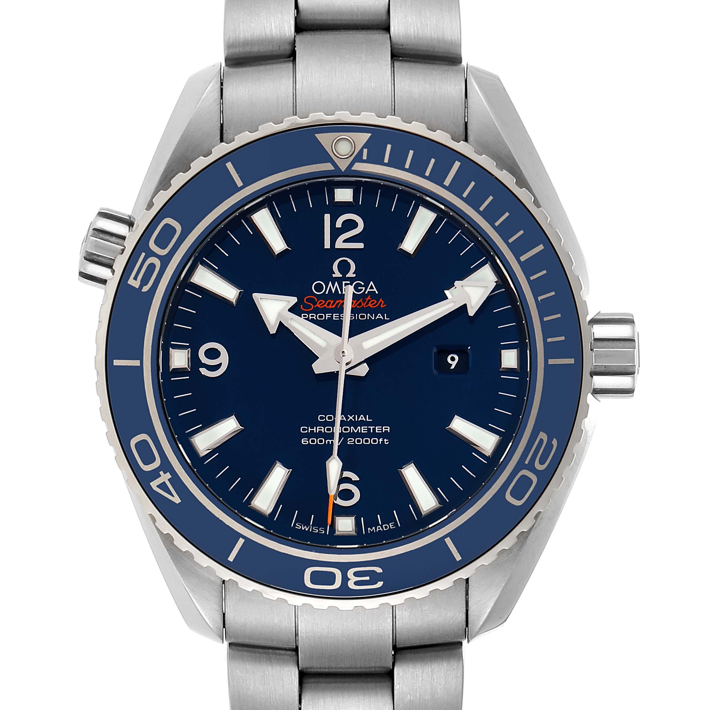 This image shows the dial, bezel, and stainless steel bracelet of an Omega Planet Ocean 232.90.38.20.03.001 Men's Titanium Blue Dial 232.90.38.20.03.001 Men's Titanium Blue Dial watch, viewed from the front.