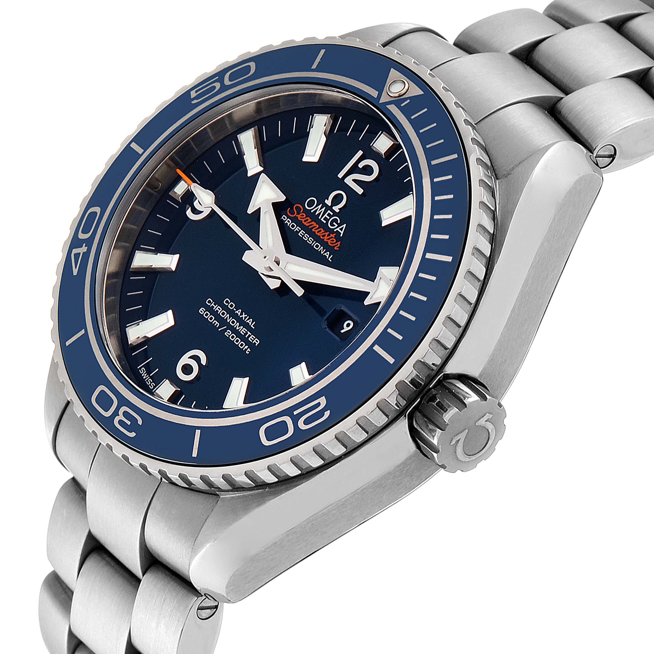 The image shows a side angle of the Omega Planet Ocean 232.90.38.20.03.001 Men's Titanium Blue Dial 232.90.38.20.03.001 Men's Titanium Blue Dial model, highlighting the dial, crown, and part of the bracelet.