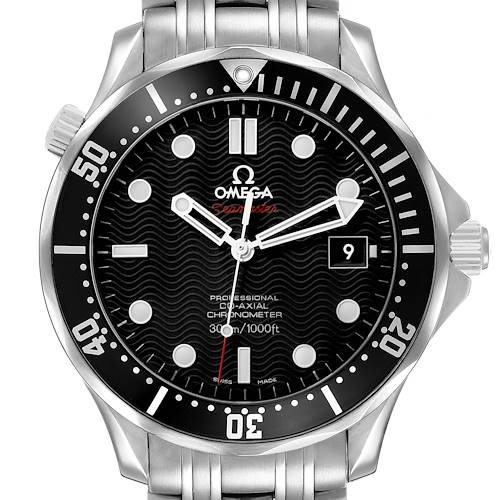 The Omega Seamaster 212.30.41.20.01.002 Men's Stainless Steel Black Dial watch is shown from a front angle, highlighting its black dial, bezel, and stainless steel bracelet.