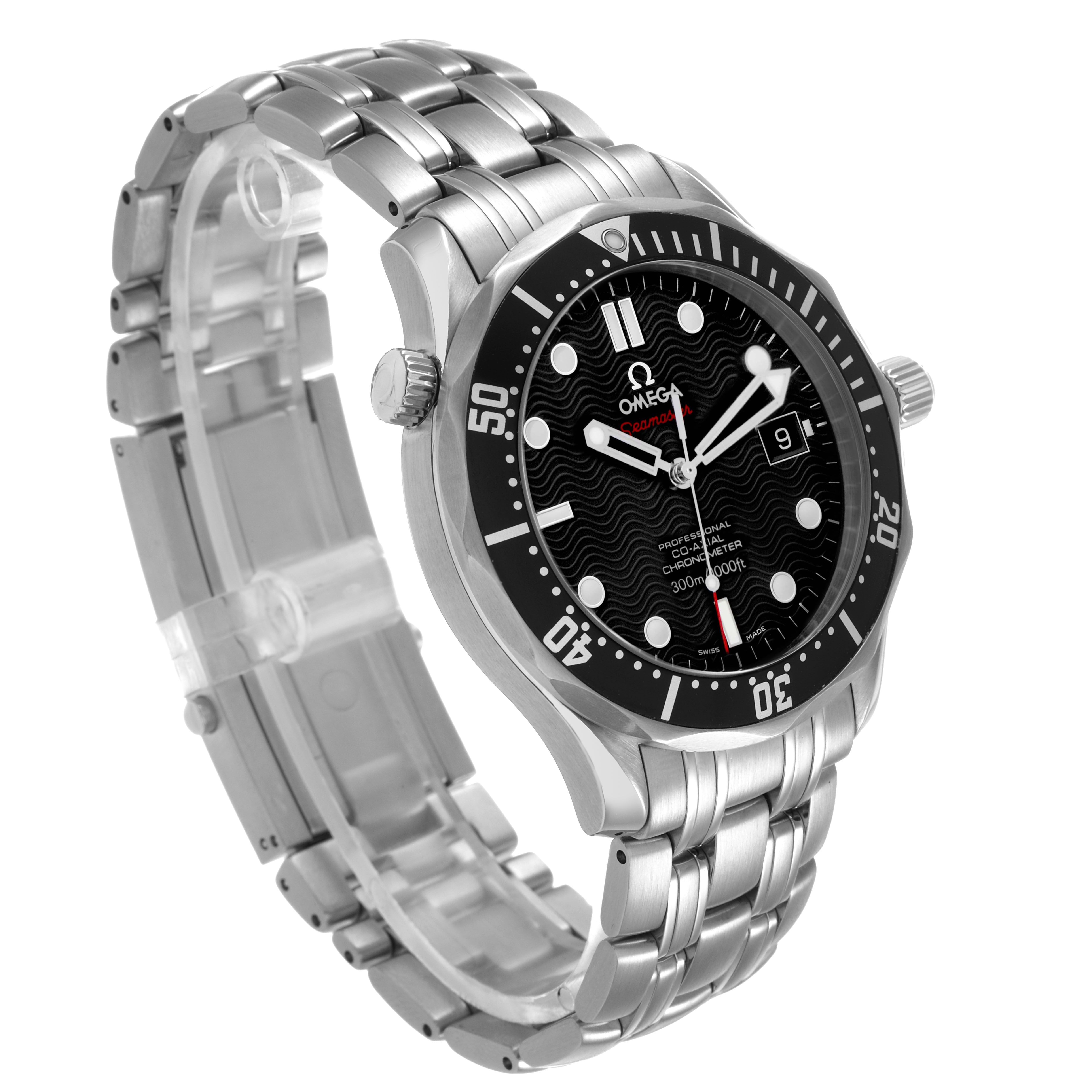 The Omega Seamaster 212.30.41.20.01.002 Men's Stainless Steel Black Dial watch is shown at a three-quarter angle, highlighting the face, bezel, crown, and bracelet.
