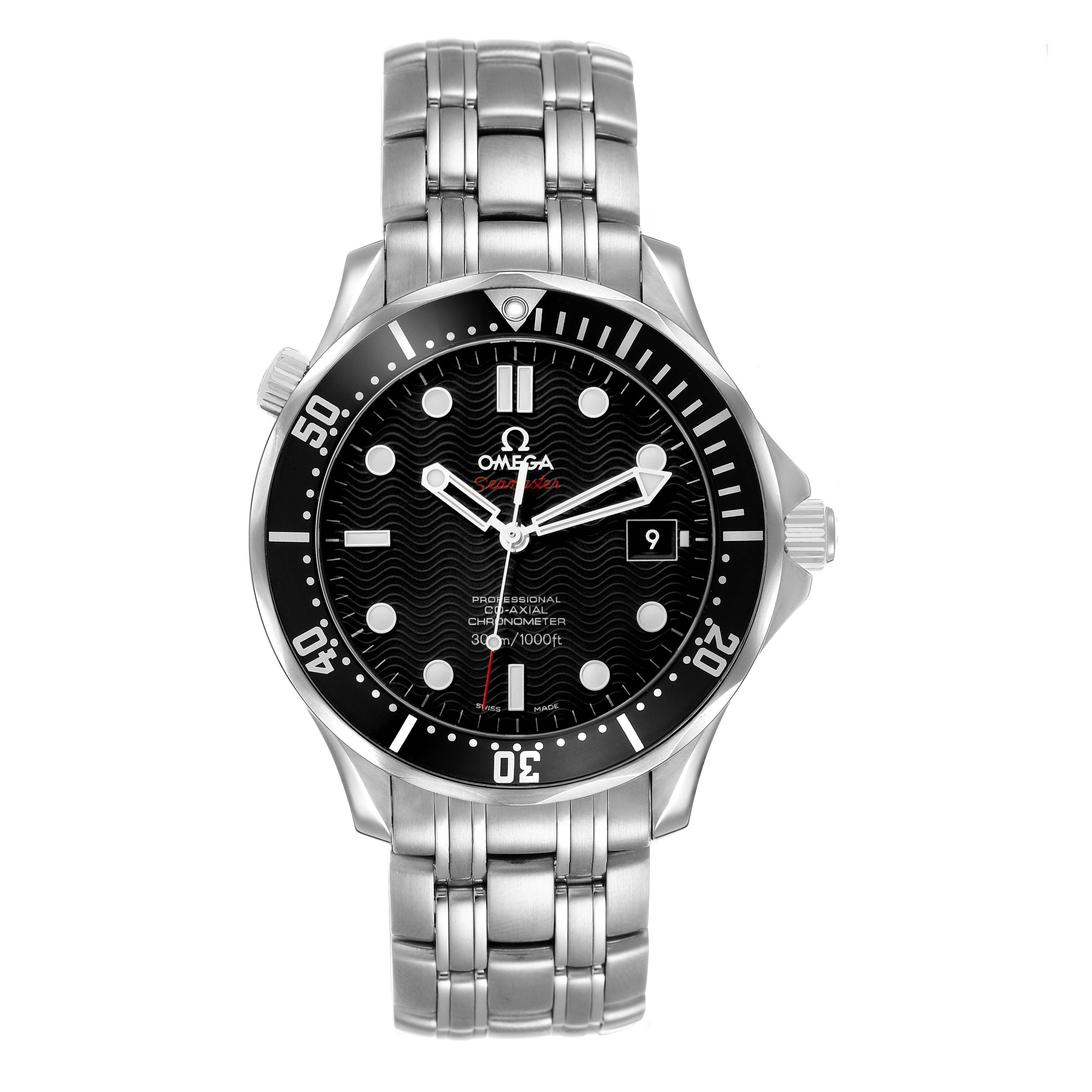 The Omega Seamaster 212.30.41.20.01.002 Men's Stainless Steel Black Dial watch is shown from the front, highlighting the black dial, bezel, and stainless steel bracelet.