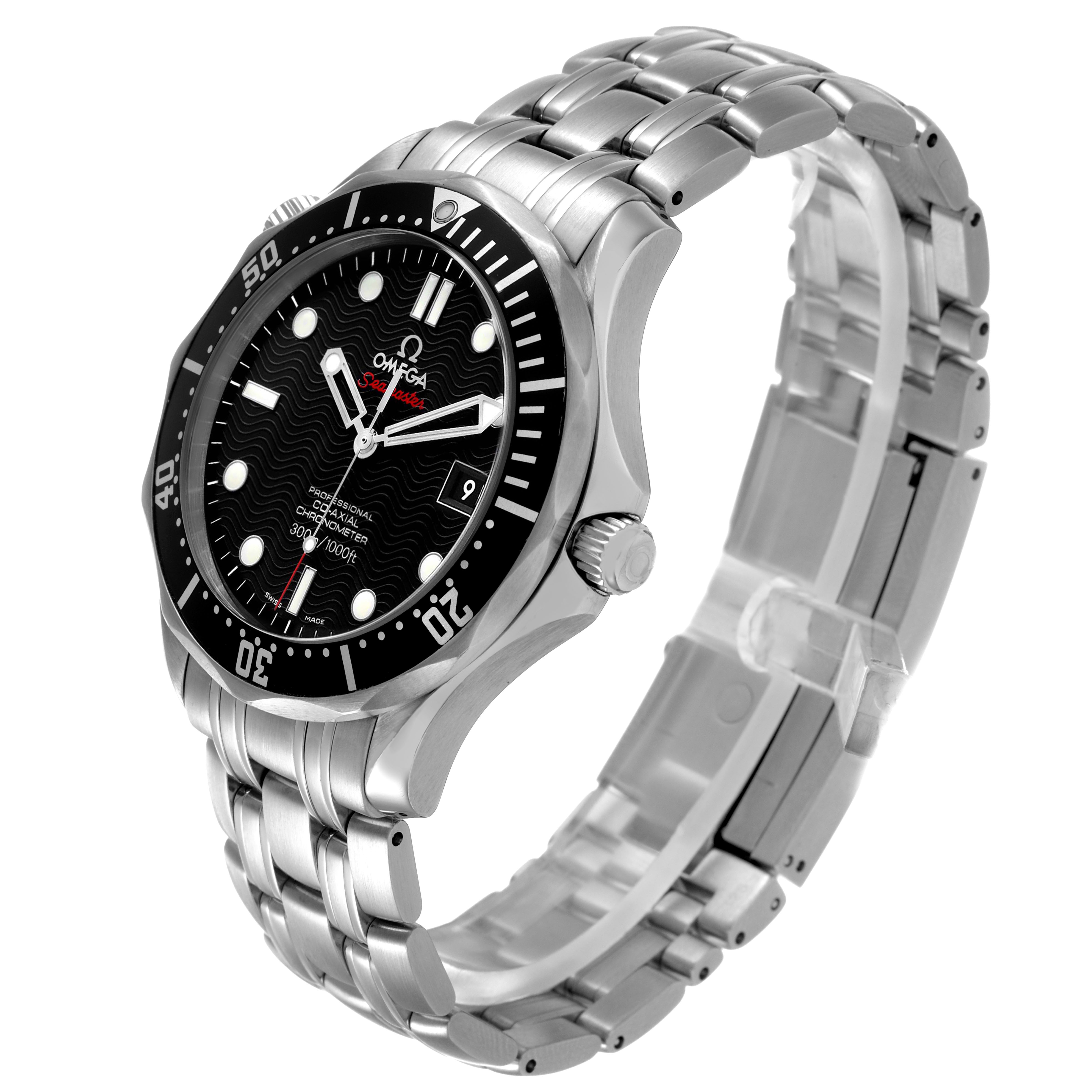 The Omega Seamaster 212.30.41.20.01.002 Men's Stainless Steel Black Dial watch is shown at an angled side view, displaying the face, bezel, crown, and stainless steel bracelet.