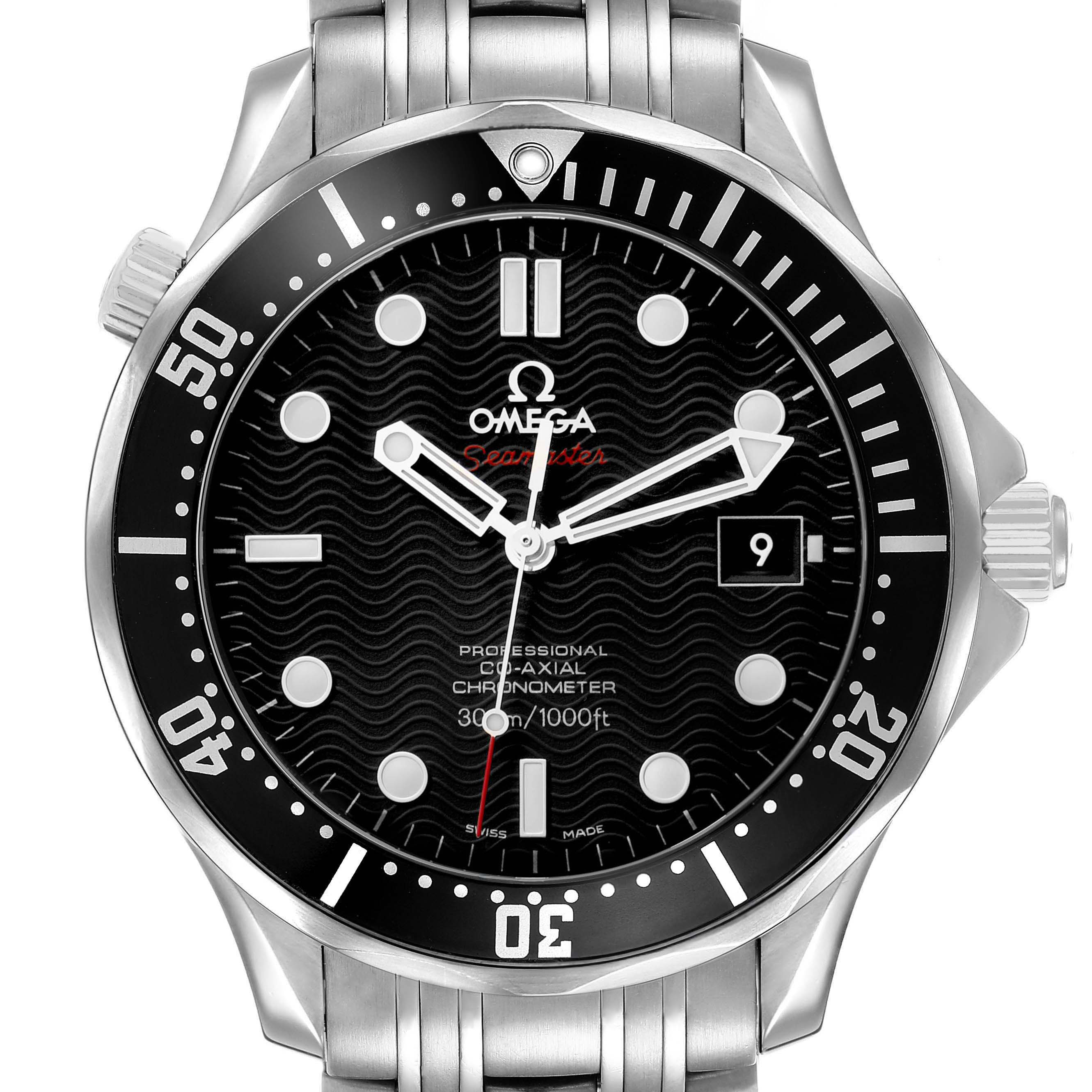 This image shows a frontal view of the Omega Seamaster 212.30.41.20.01.002 Men's Stainless Steel Black Dial's face, bezel, crown, and part of the bracelet.