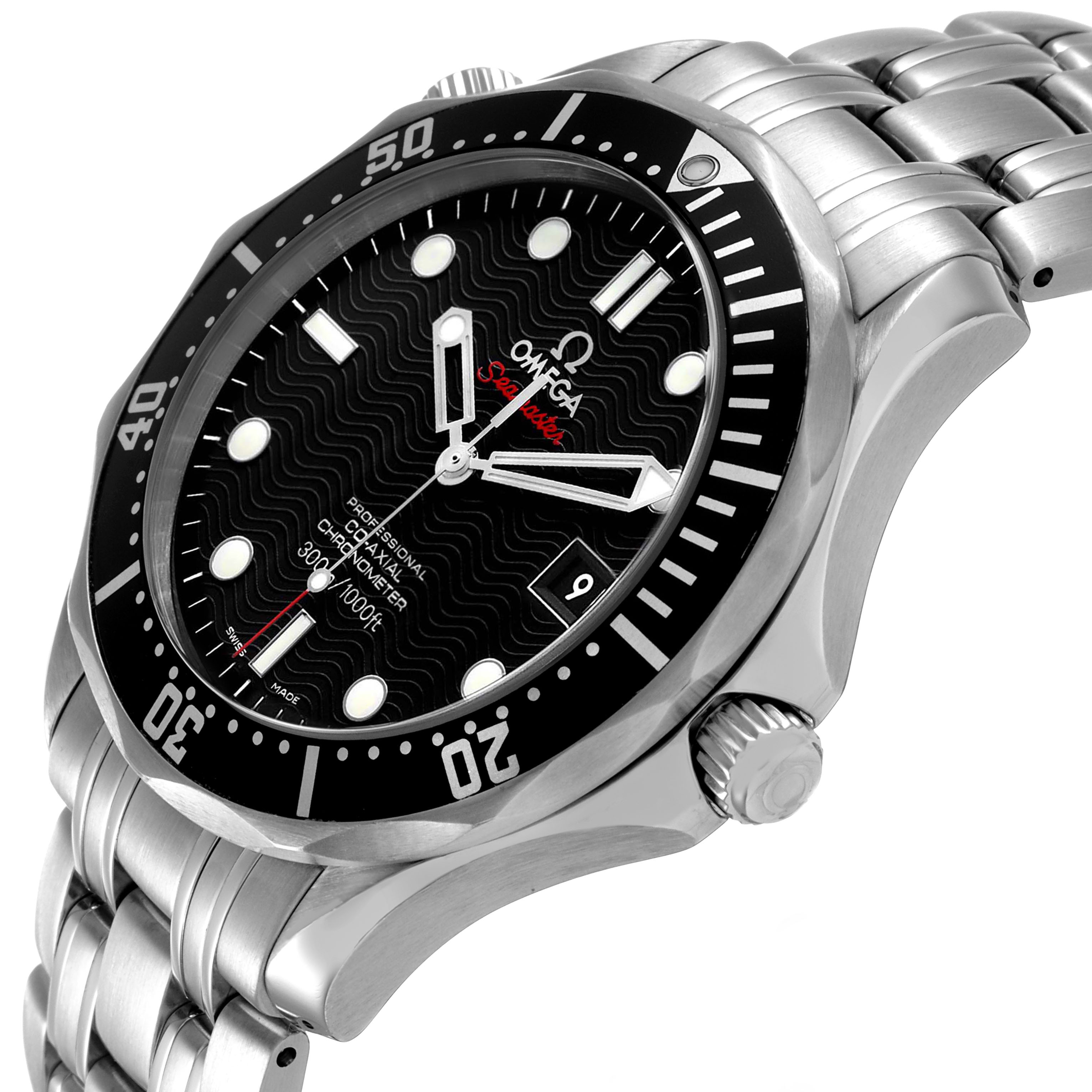 The Omega Seamaster 212.30.41.20.01.002 Men's Stainless Steel Black Dial watch is shown at an angled side view, highlighting its black dial, bezel, and stainless steel bracelet.