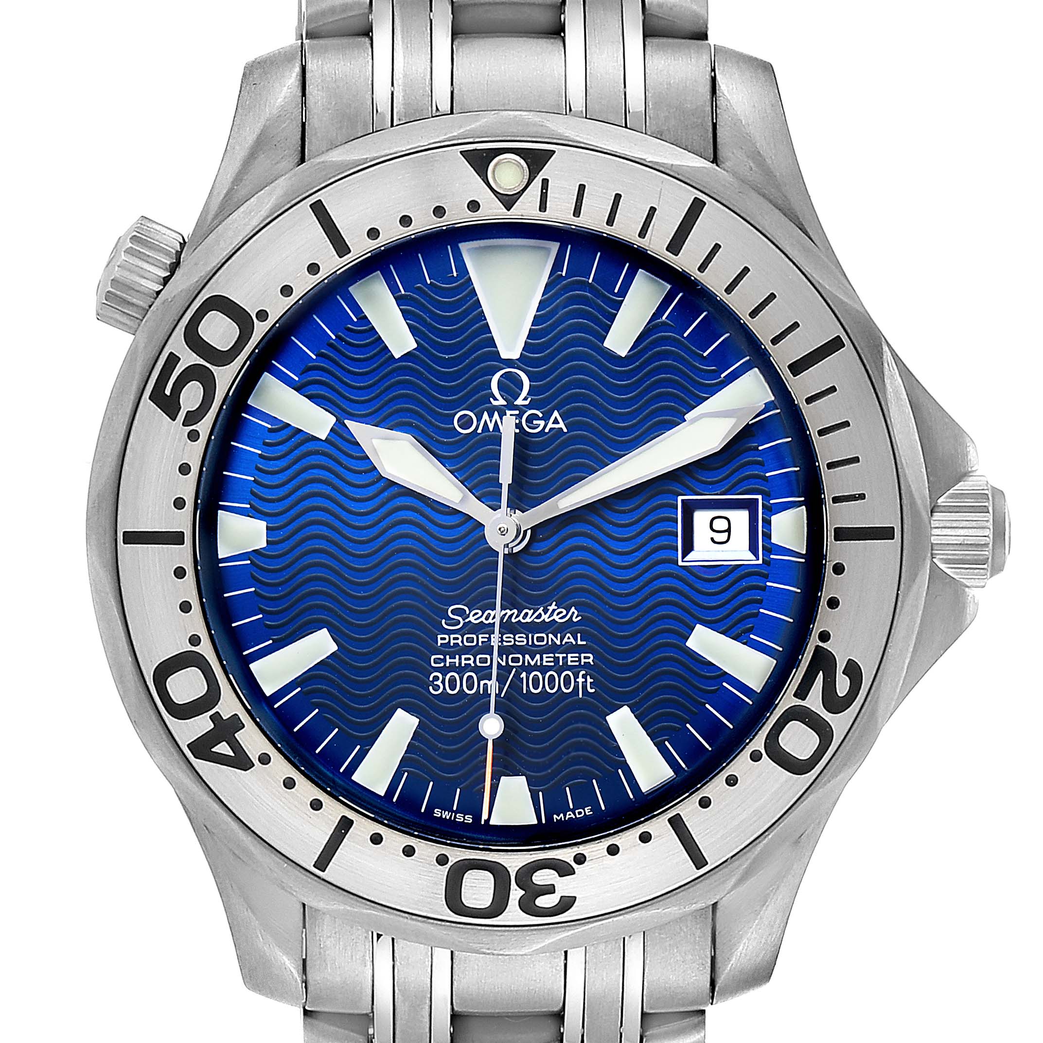 The image shows a front view of an Omega Seamaster 2231.80.00 Men
s Titanium Blue Dial 2231.80.00 Men
s Titanium Blue Dial watch, highlighting its blue dial, bezel, hands, and parts of the bracelet.