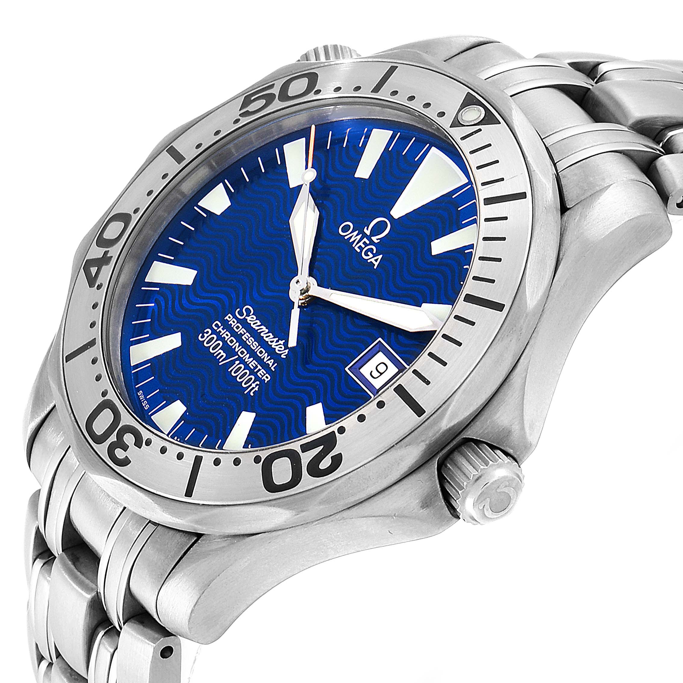 The image shows an angled view of an Omega Seamaster 2231.80.00 Men
s Titanium Blue Dial 2231.80.00 Men
s Titanium Blue Dial watch, highlighting the face, bezel, crown, and bracelet.