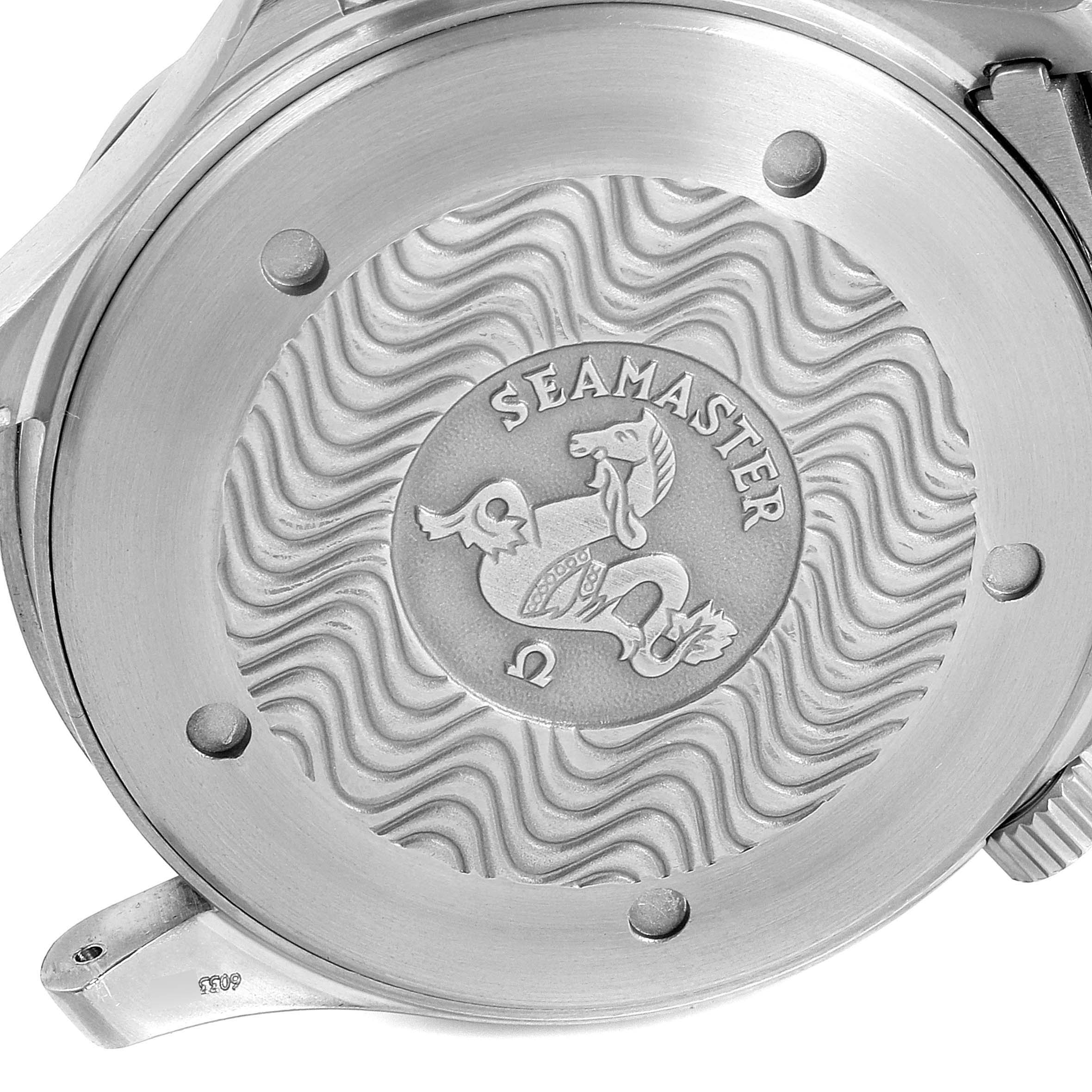 The image shows the case back of an Omega Seamaster 2231.80.00 Men
s Titanium Blue Dial 2231.80.00 Men
s Titanium Blue Dial watch, featuring its iconic logo and wave pattern.