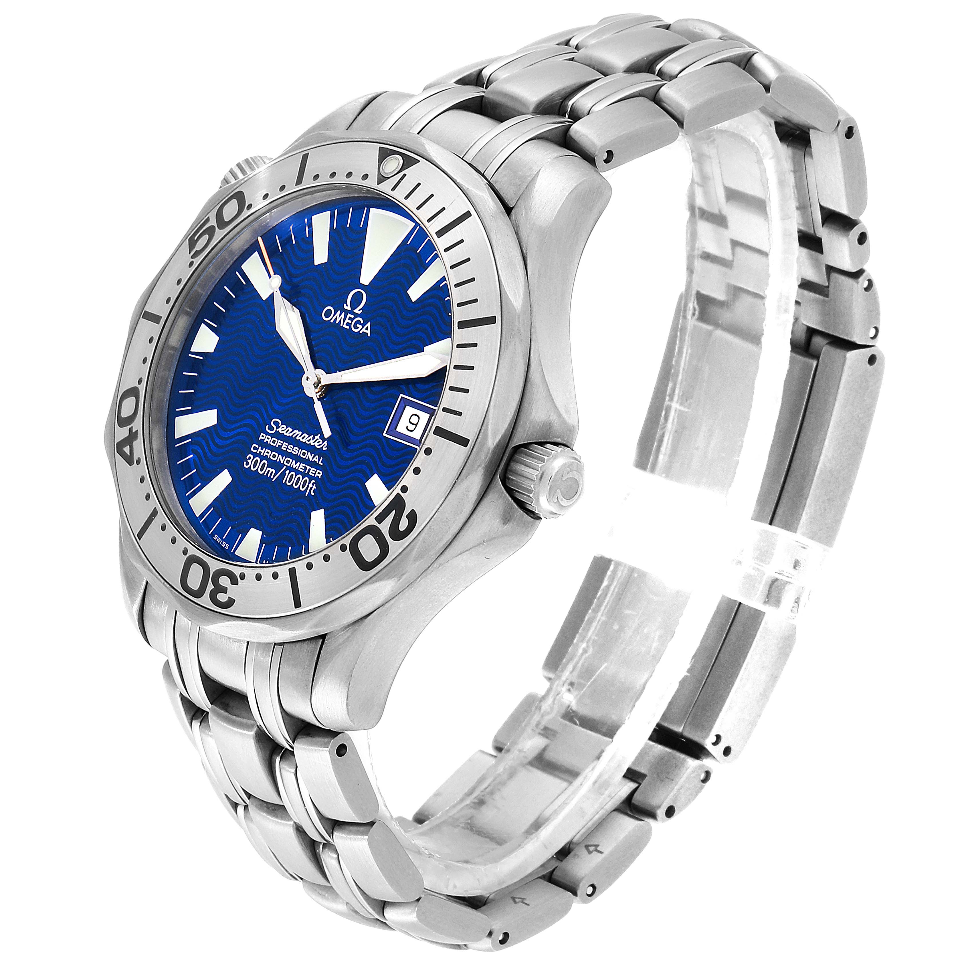 This image shows an Omega Seamaster 2231.80.00 Men
s Titanium Blue Dial 2231.80.00 Men
s Titanium Blue Dial watch at a three-quarter angle, highlighting the face, bezel, crown, and stainless steel bracelet.