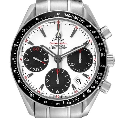 The Omega Speedmaster 323.30.40.40.04.001 Men's Stainless Steel White Dial watch is shown from a front angle, displaying the dial, subdials, and tachymeter bezel.