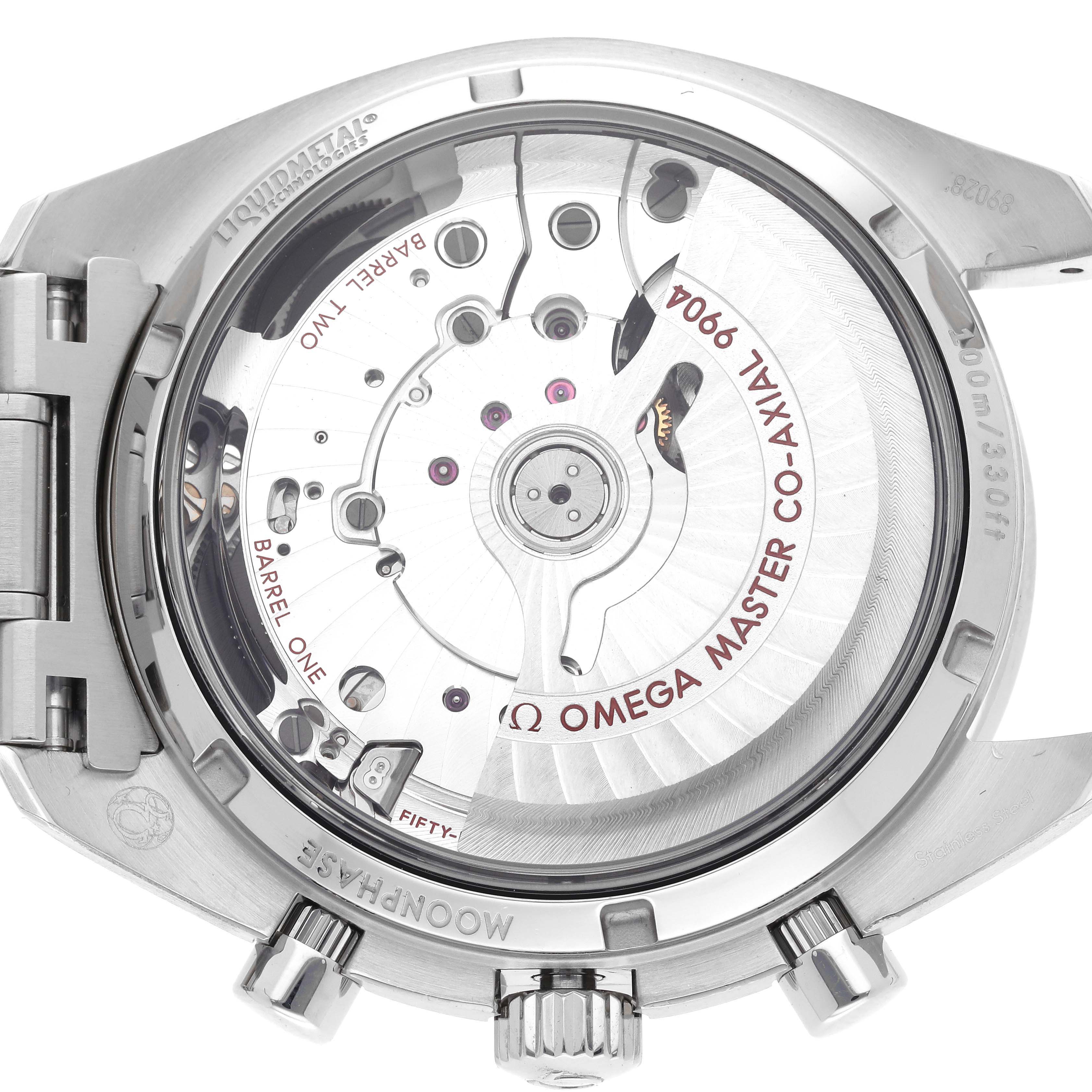 The Omega Speedmaster 304.30.44.52.01.001 Men
s Stainless Steel Black Dial 304.30.44.52.01.001 Men
s Stainless Steel Black Dial
s back is shown, displaying its transparent case and co-axial movement mechanism.